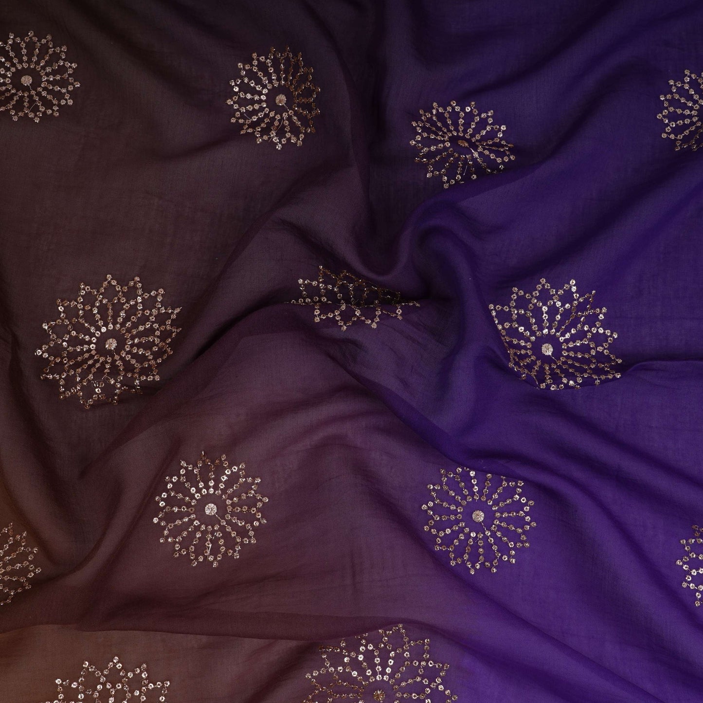 Purple With Olive Green 4D Floral Sequins Embroidery Malai Chanderi Fabric VF-32311