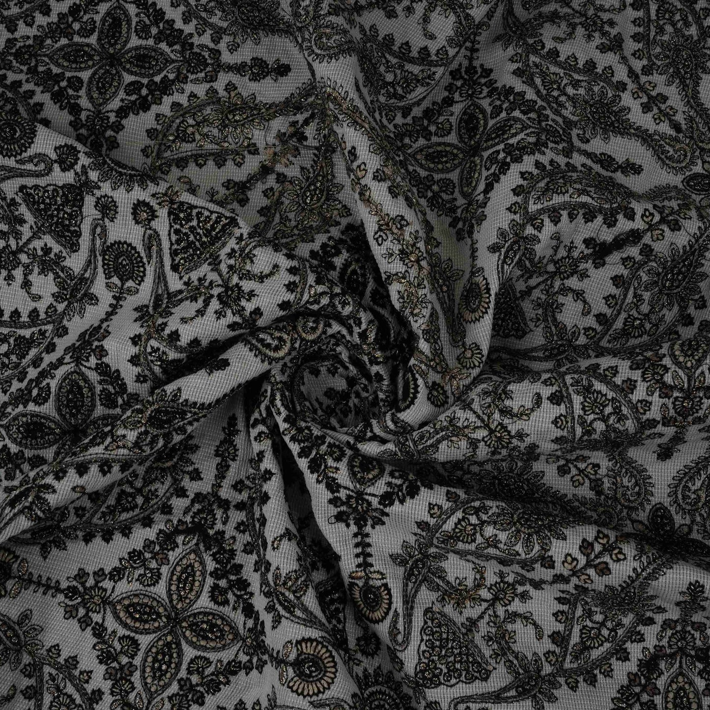Off White Kashmiri Paisley Jaal Embroidery Chinon Fabric DR-32385