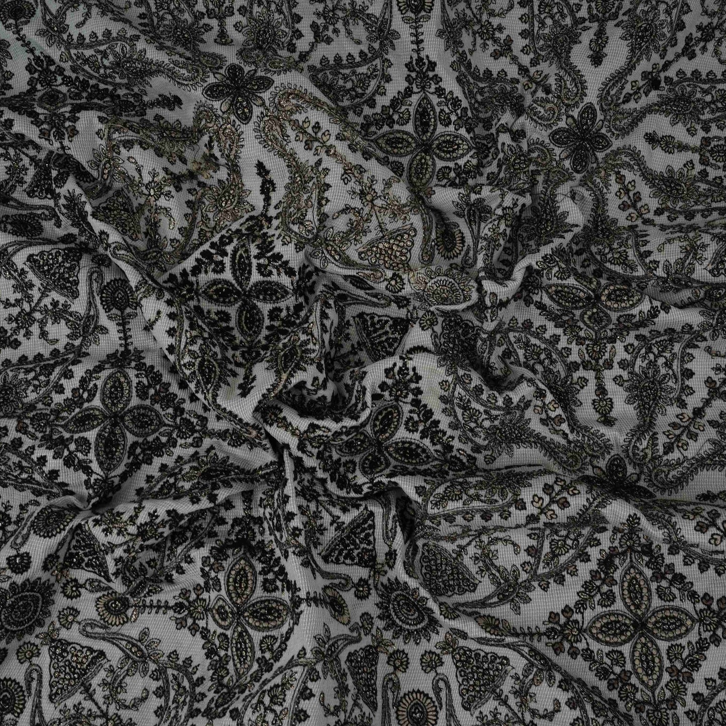 Off White Kashmiri Paisley Jaal Embroidery Chinon Fabric DR-32385