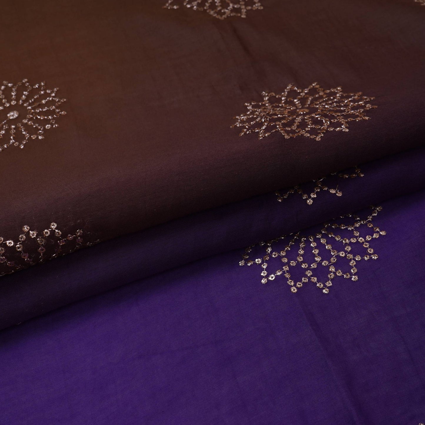 Purple With Olive Green 4D Floral Sequins Embroidery Malai Chanderi Fabric VF-32311