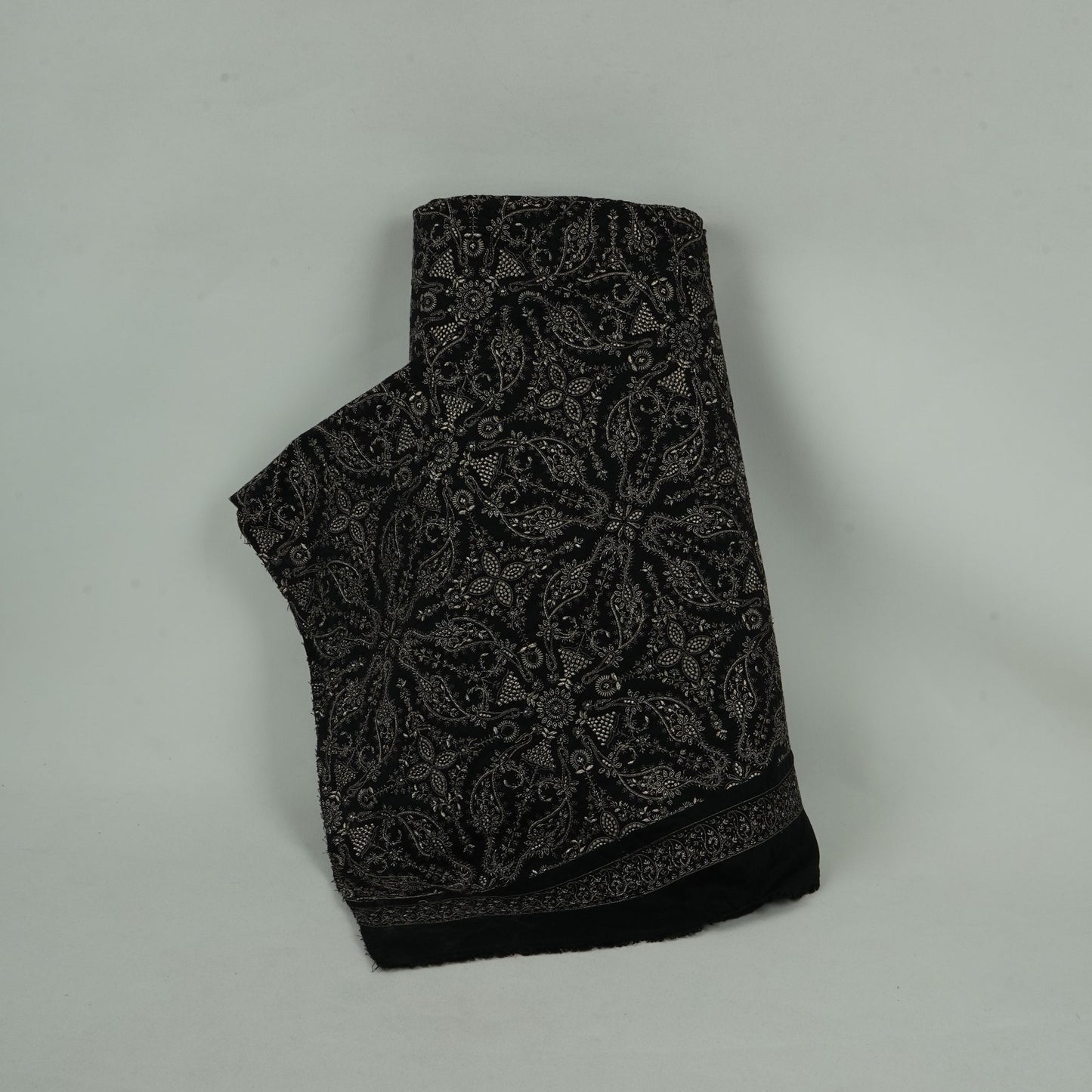 Black Kashmiri Paisley Jaal Embroidery Chinon Fabric DR-32384