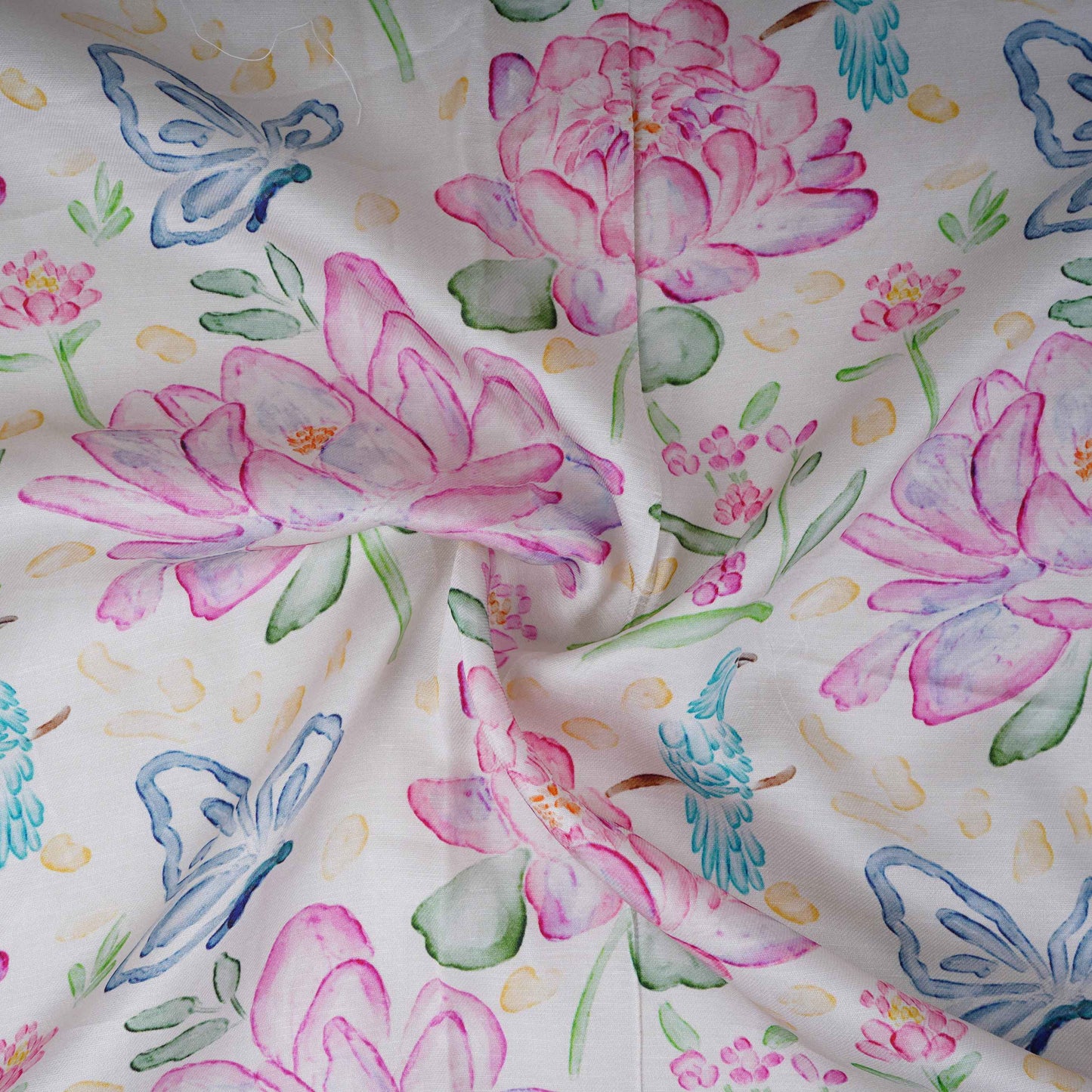 Off White Floral Print Satin Linen Fabric MT-30987