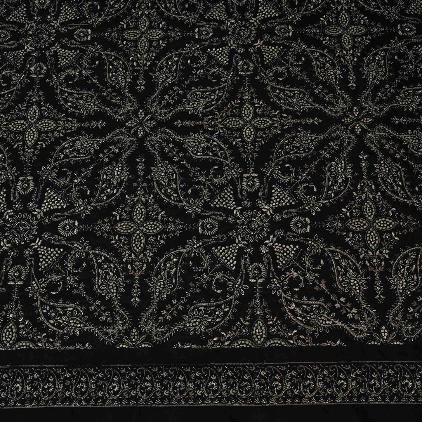 Black Kashmiri Paisley Jaal Embroidery Chinon Fabric DR-32384