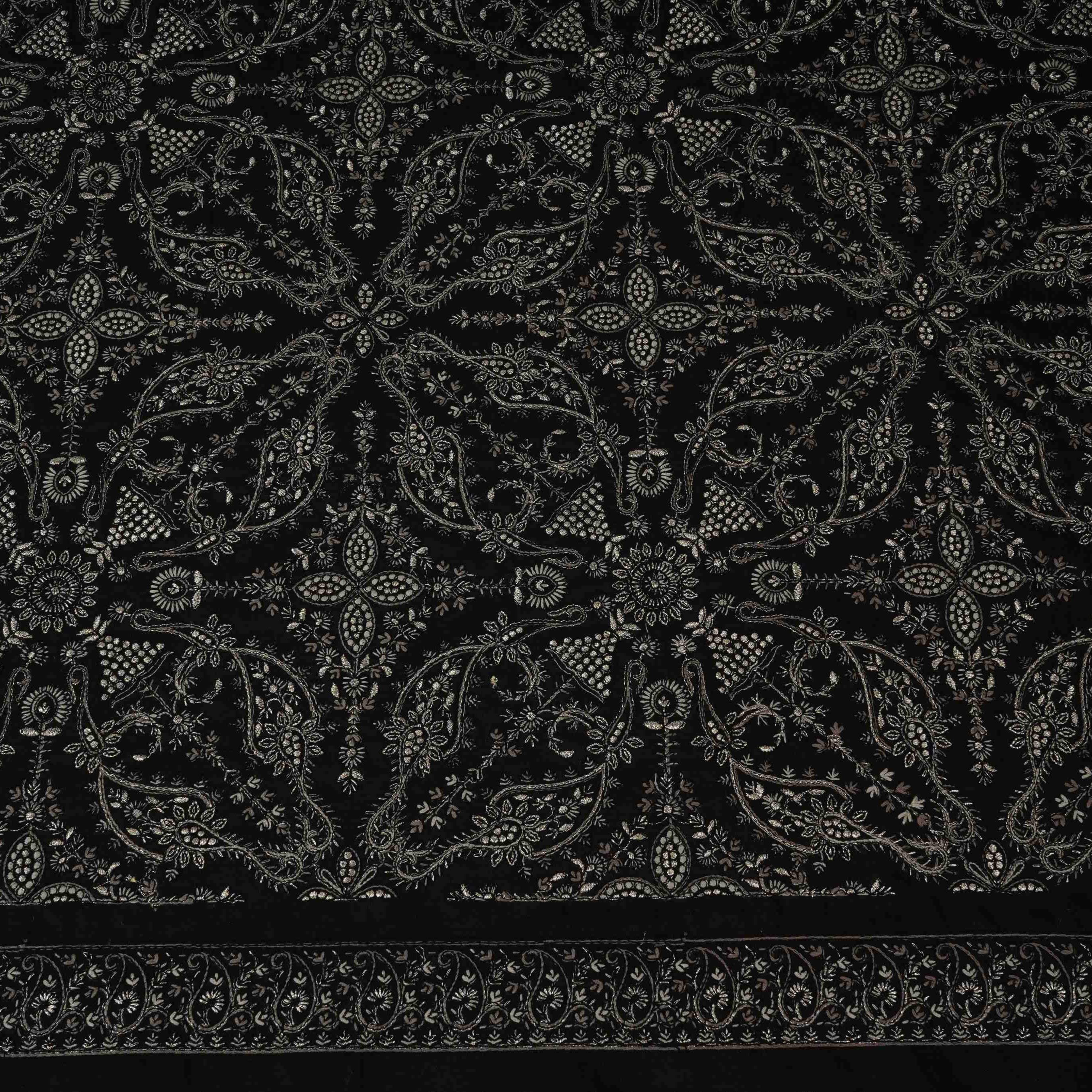 Black Kashmiri Paisley Jaal Embroidery Chinon Fabric DR-32384 - TradeUNO