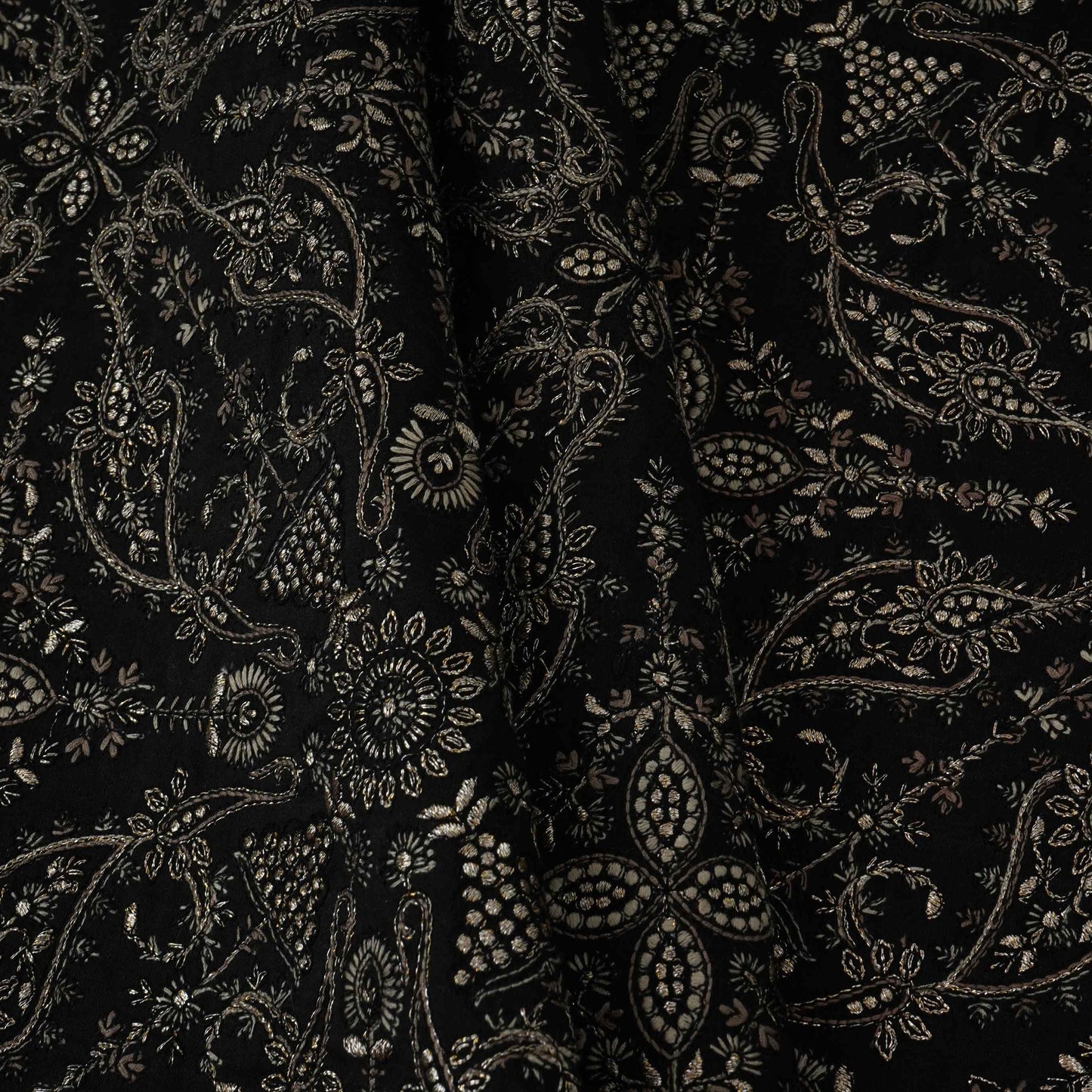 Black Kashmiri Paisley Jaal Embroidery Chinon Fabric DR-32384