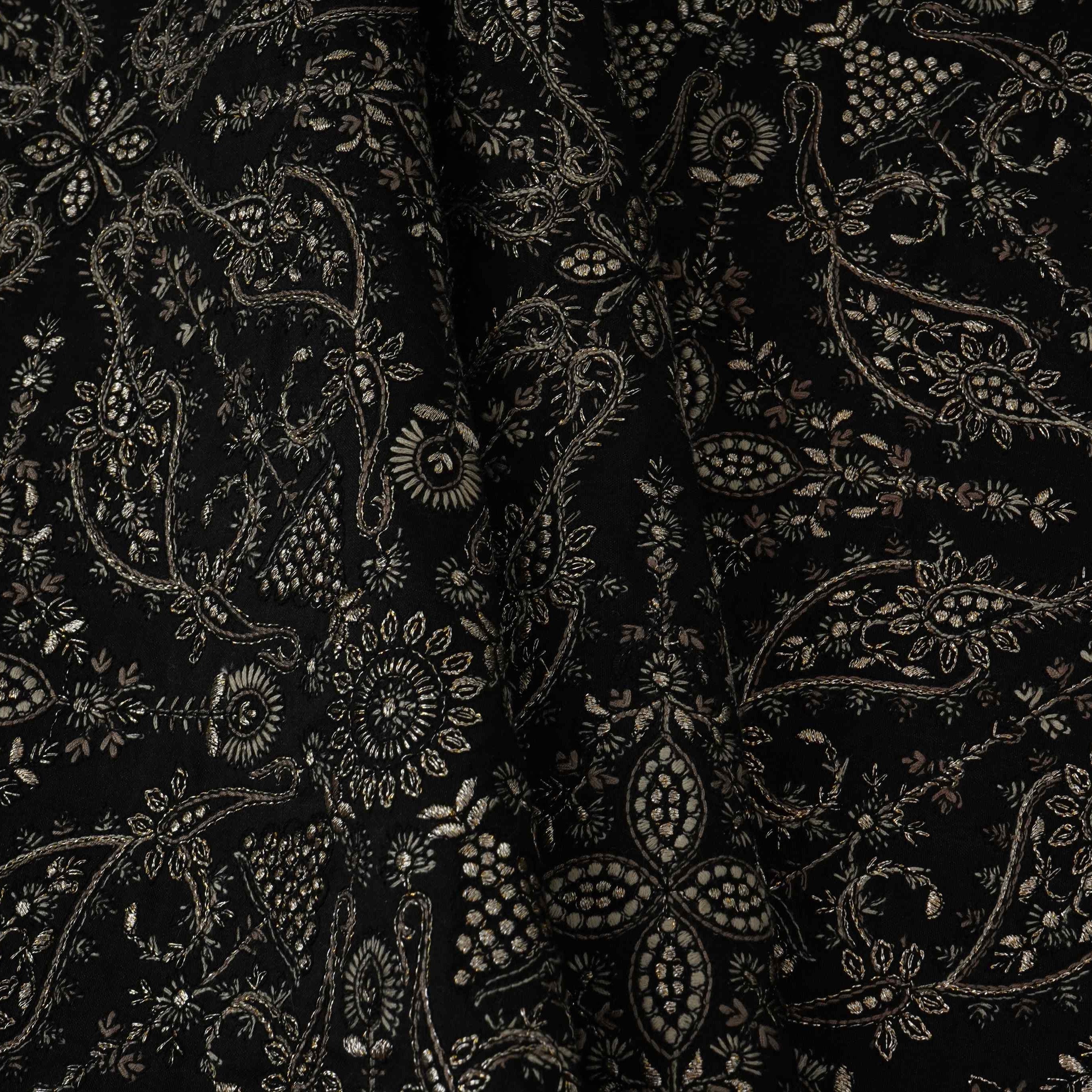 Black Kashmiri Paisley Jaal Embroidery Chinon Fabric DR-32384 - TradeUNO