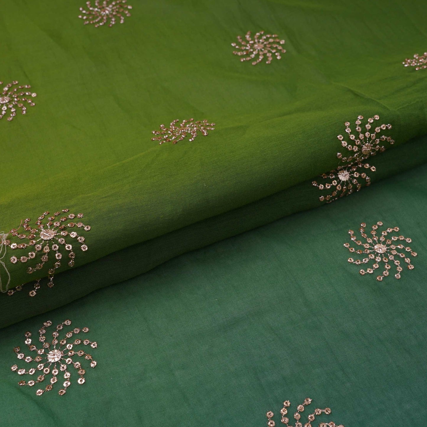 Light & Dark Green 4D Geometrical Sequins Embroidery Malai Chanderi Fabric VF-32320