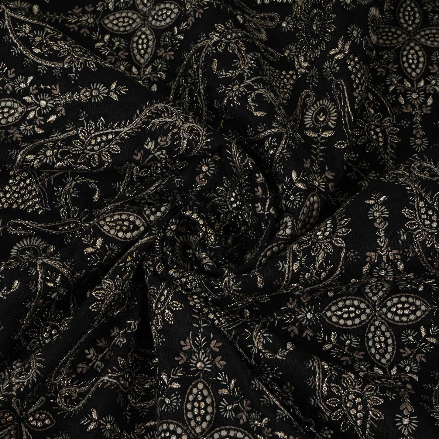 Black Kashmiri Paisley Jaal Embroidery Chinon Fabric DR-32384