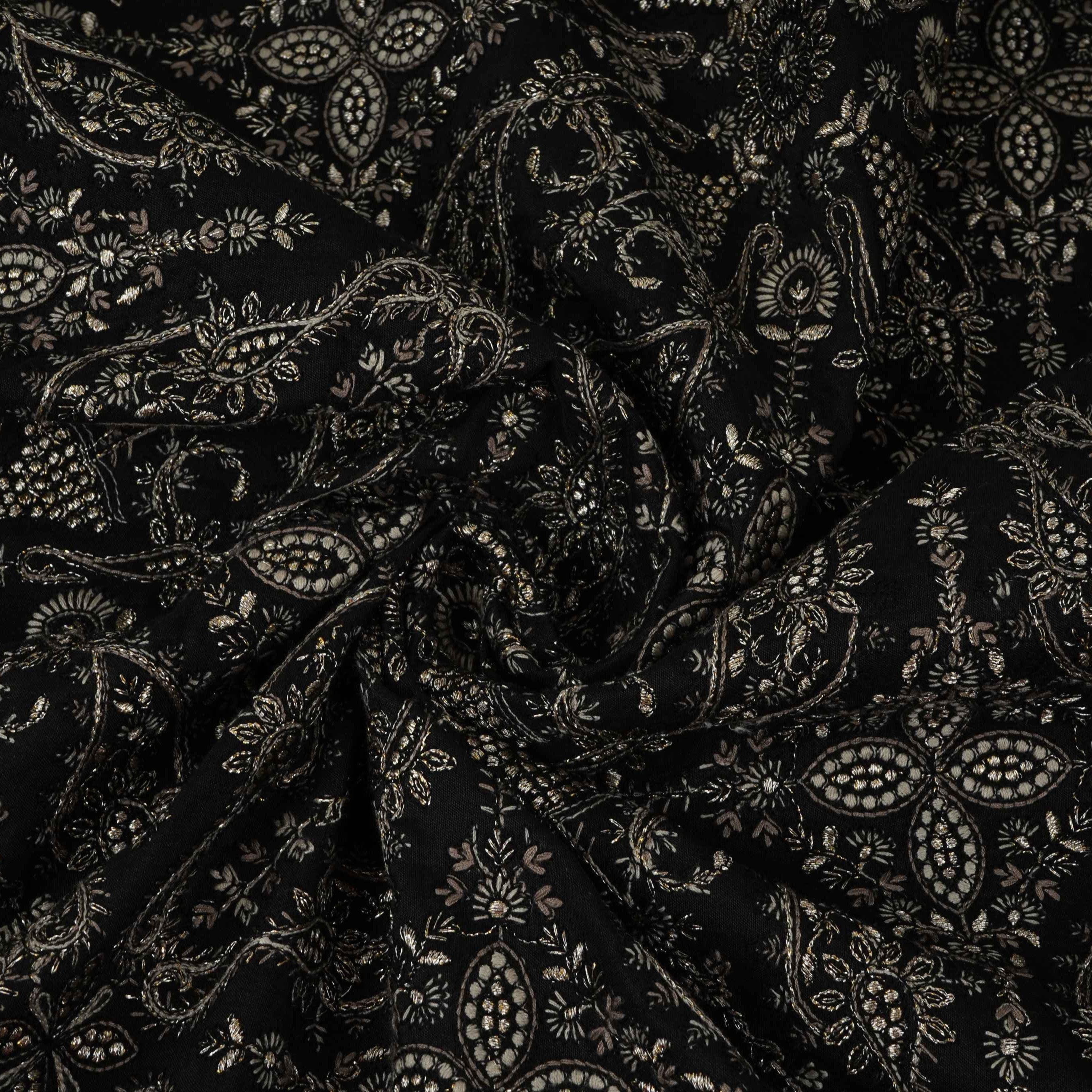 Black Kashmiri Paisley Jaal Embroidery Chinon Fabric DR-32384 - TradeUNO