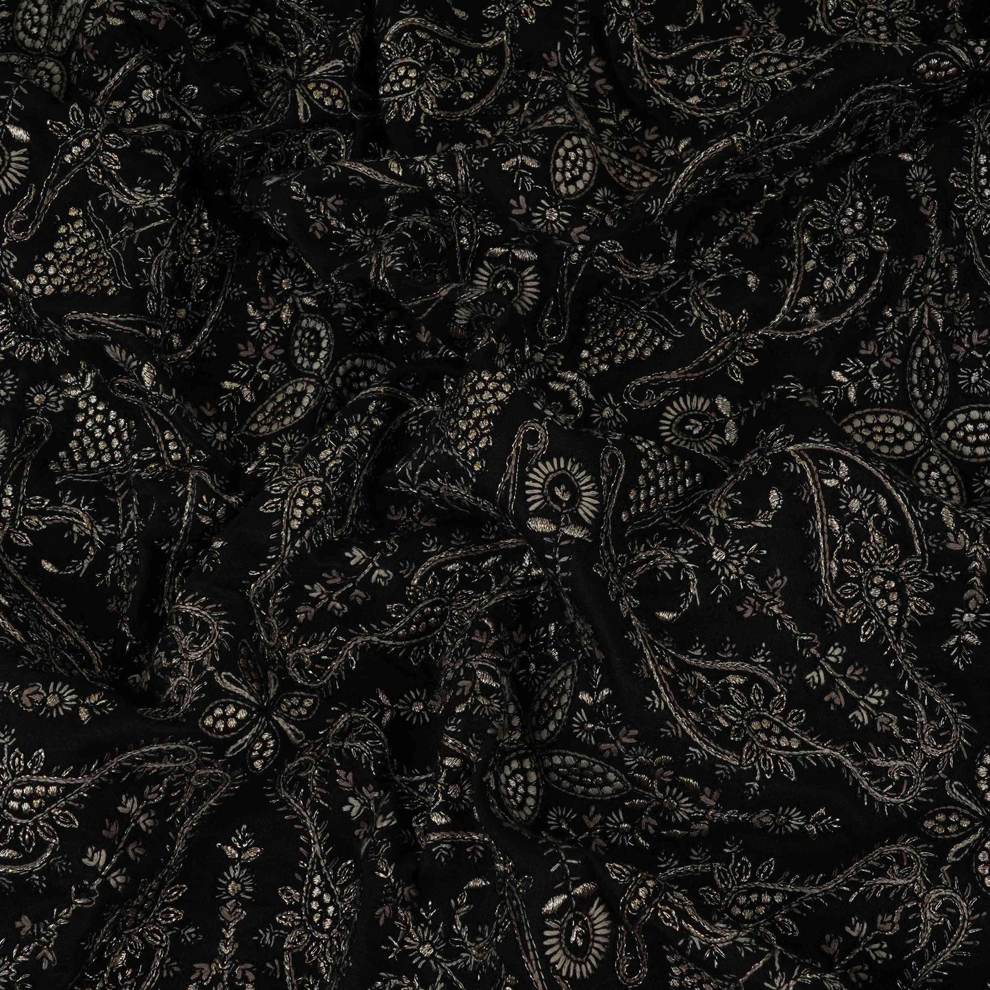Black Kashmiri Paisley Jaal Embroidery Chinon Fabric DR-32384
