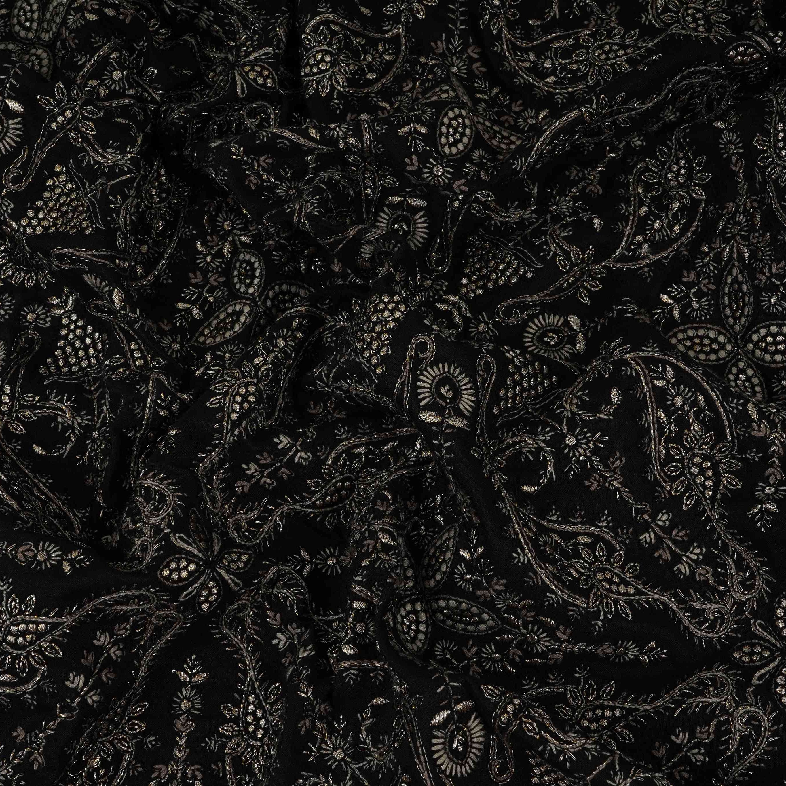 Black Kashmiri Paisley Jaal Embroidery Chinon Fabric DR-32384 - TradeUNO