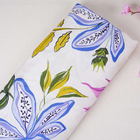 Cream Floral Print Satin Linen Fabric MT-30981