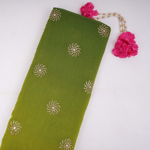 Light & Dark Green 4D Geometrical Sequins Embroidery Malai Chanderi Fabric VF-32320