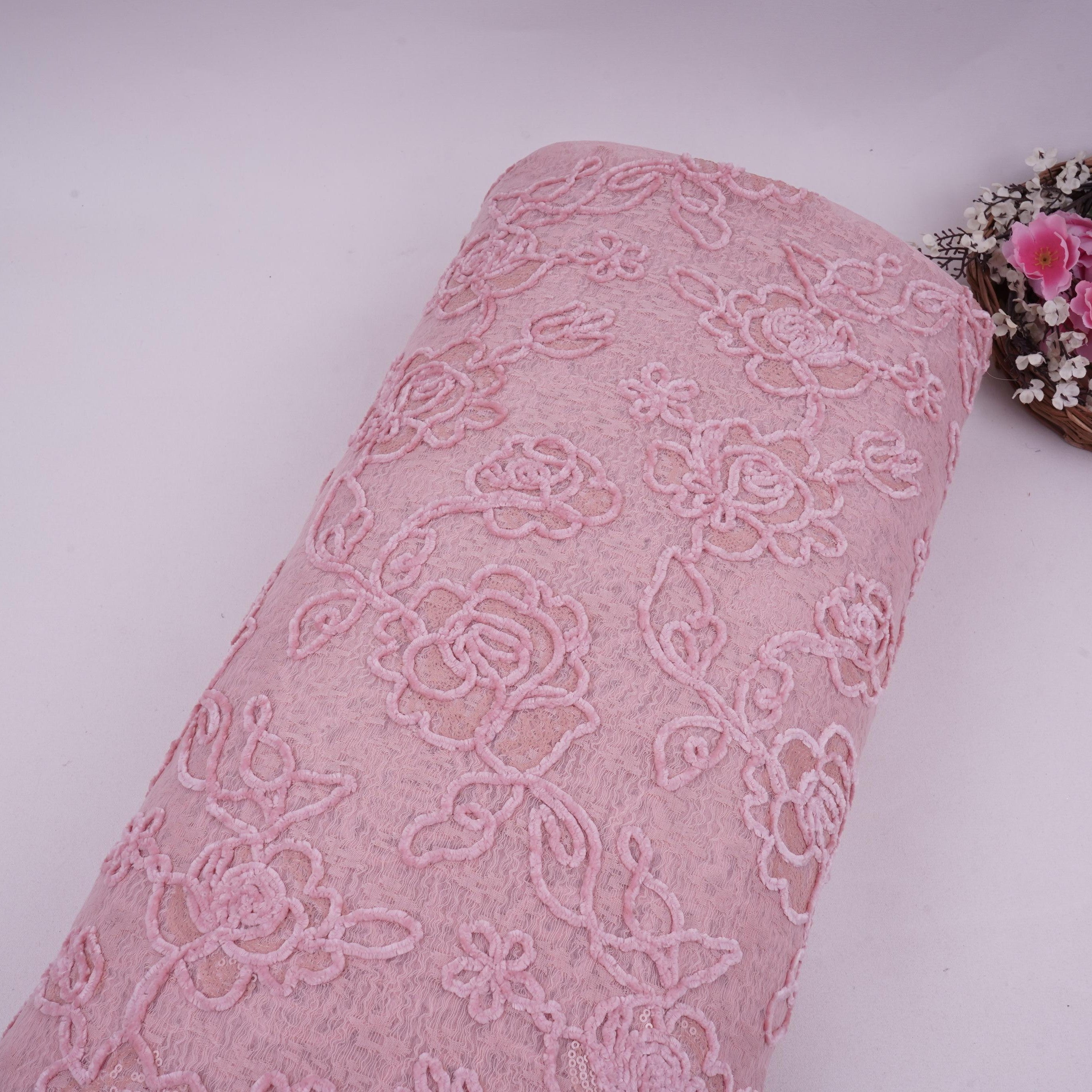 Peach Velvet Work Floral Embroidery Lace Fabric LI-32210 - TradeUNO