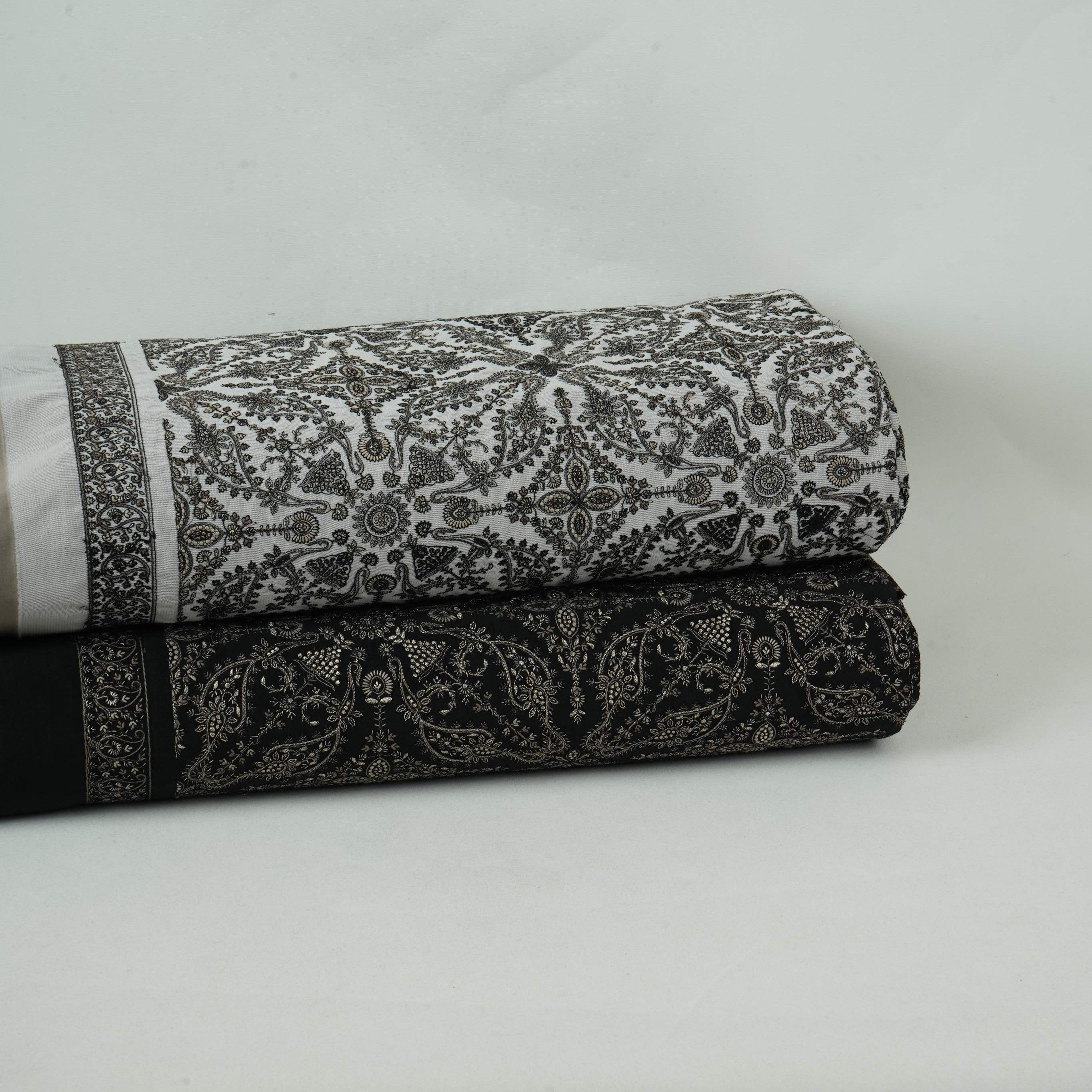 Off White Kashmiri Paisley Jaal Embroidery Chinon Fabric DR-32385 - TradeUNO