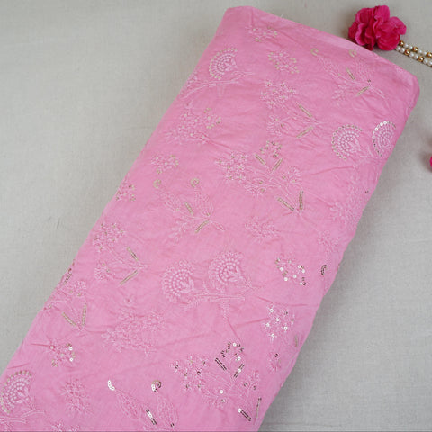 Pink Floral Embroidery Mul Chanderi Fabric DC-30343