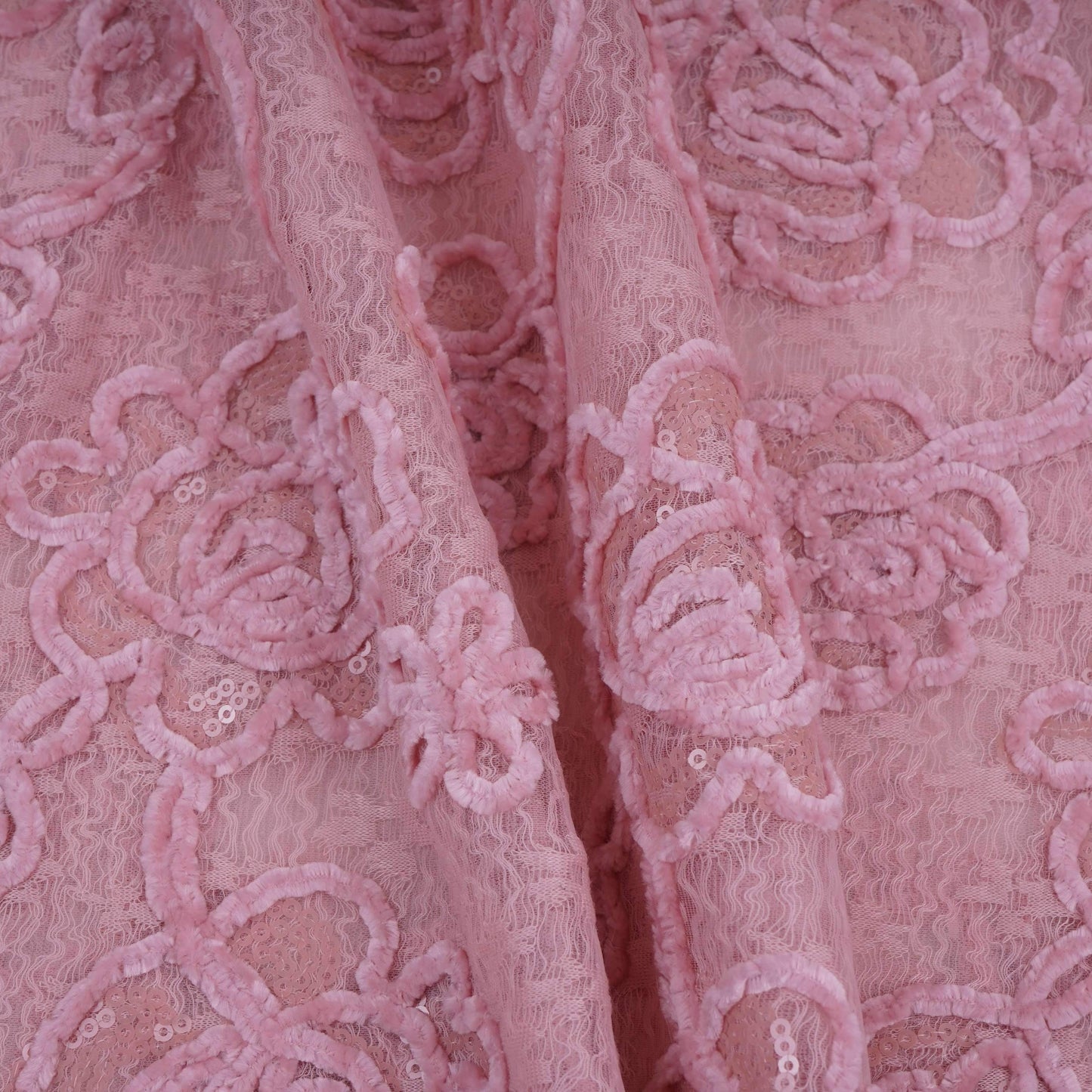 Peach Velvet Work Floral Embroidery Lace Fabric LI-32210
