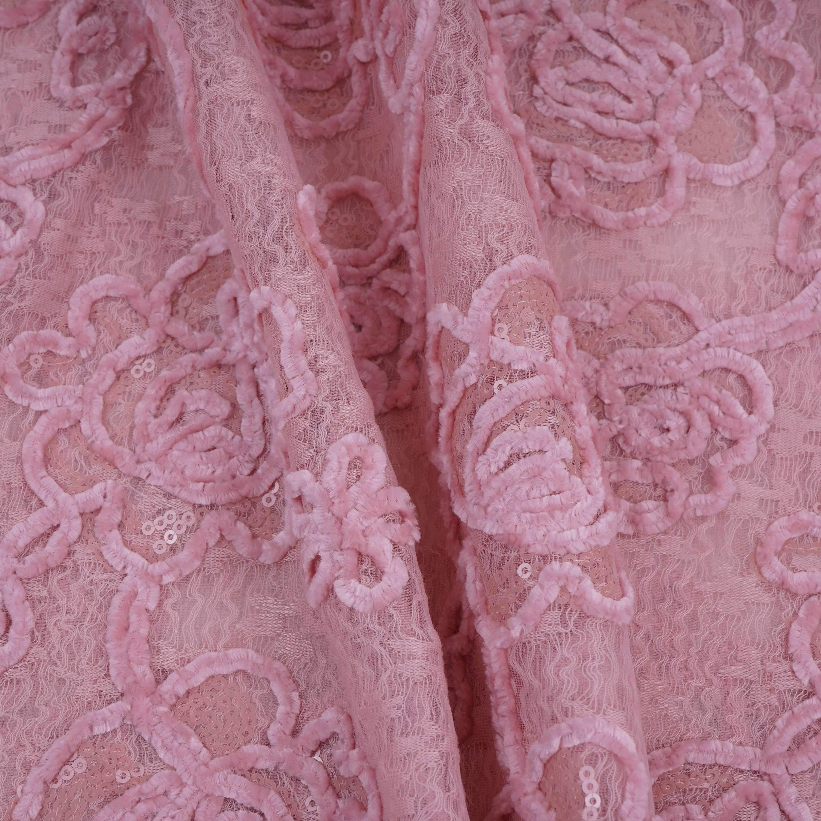 Peach Velvet Work Floral Embroidery Lace Fabric LI-32210 - TradeUNO