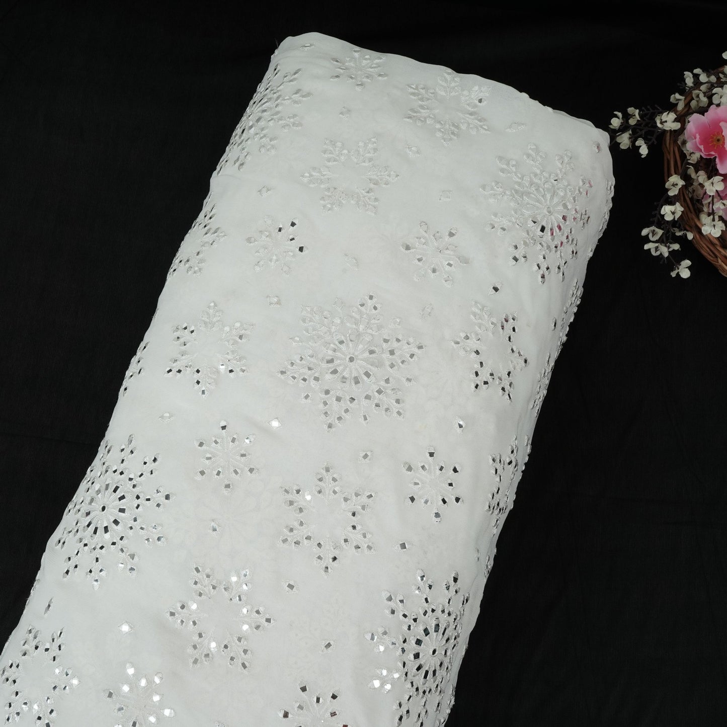 White Dyeable Mirror Thread Embroidery Georgette Fabric DR-32390