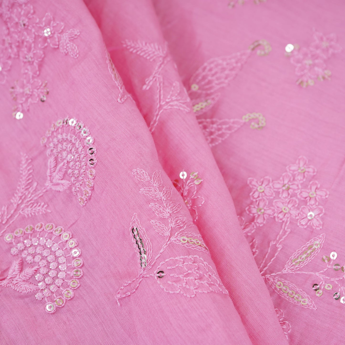 Pink Floral Embroidery Mul Chanderi Fabric DC-30343