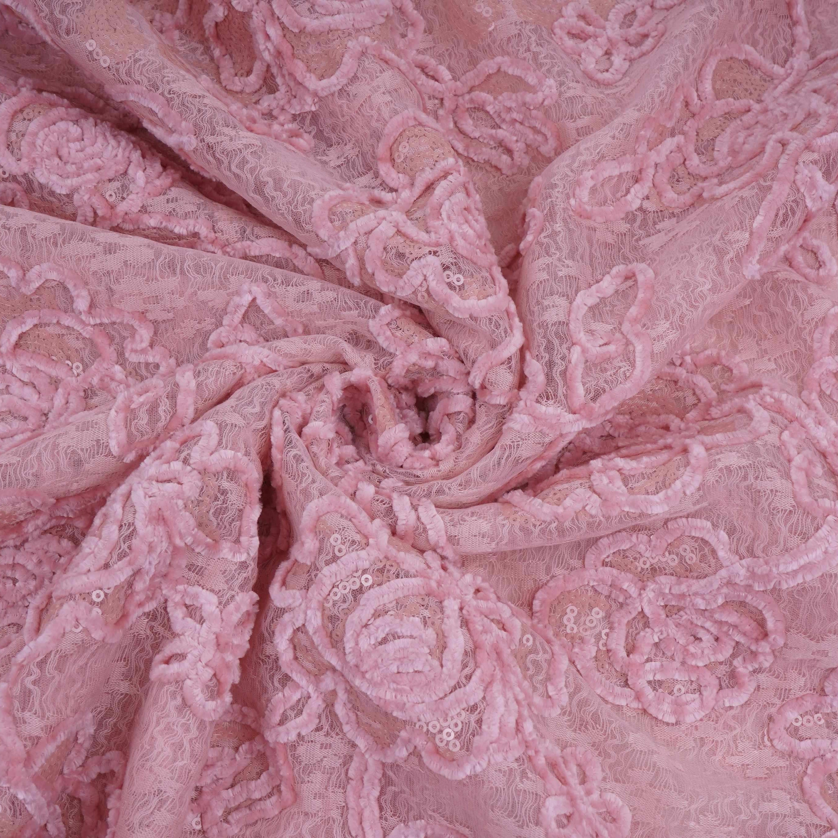 Peach Velvet Work Floral Embroidery Lace Fabric LI-32210 - TradeUNO