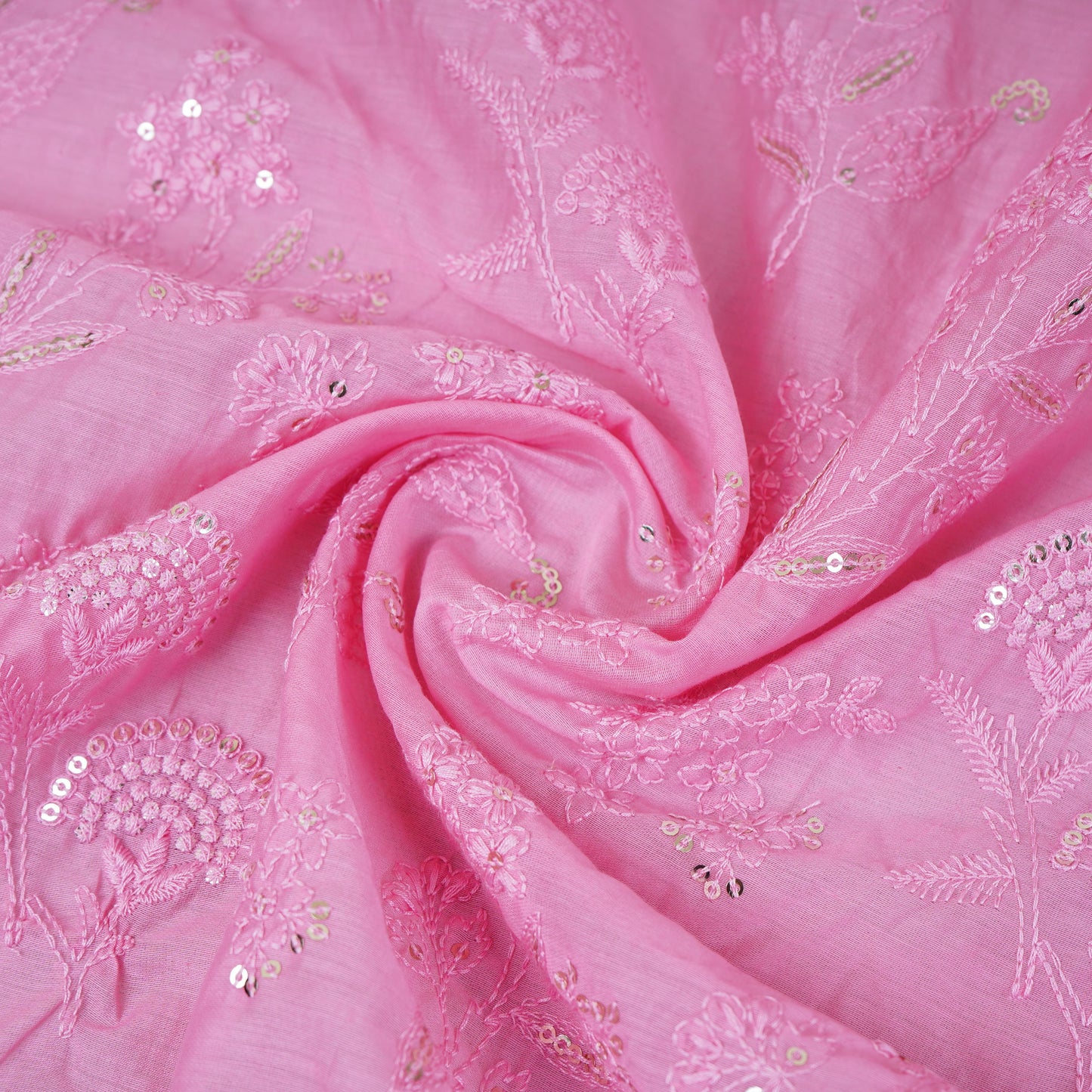 Pink Floral Embroidery Mul Chanderi Fabric DC-30343