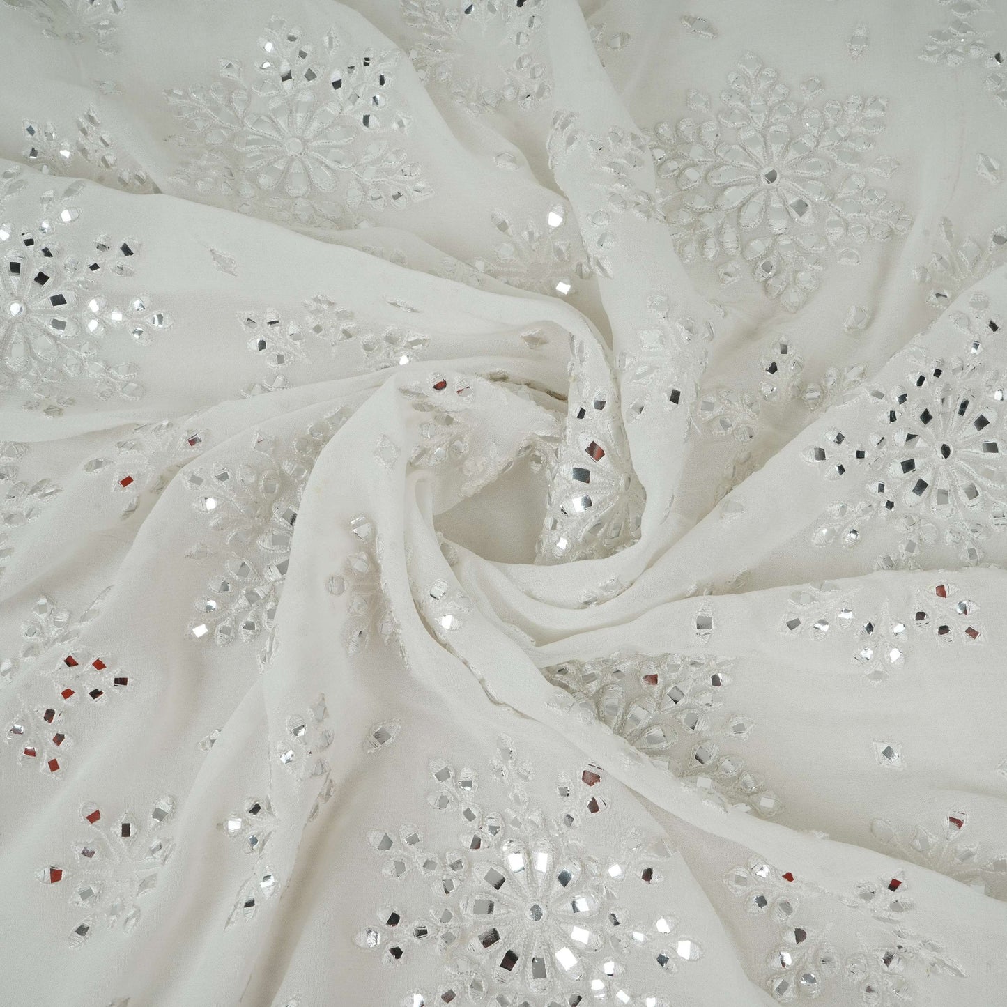 White Dyeable Mirror Thread Embroidery Georgette Fabric DR-32390