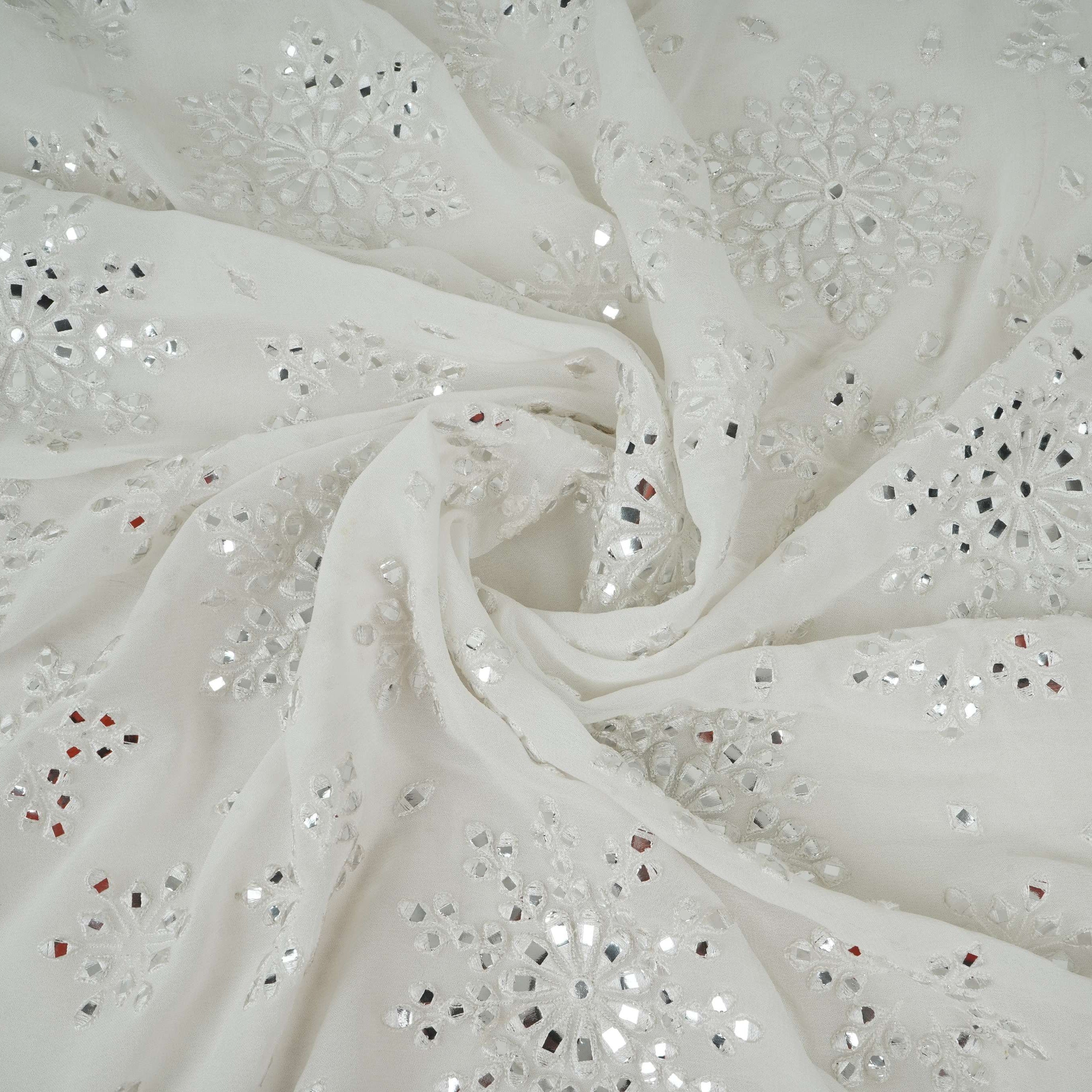 White Dyeable Mirror Thread Embroidery Georgette Fabric DR-32390 - TradeUNO