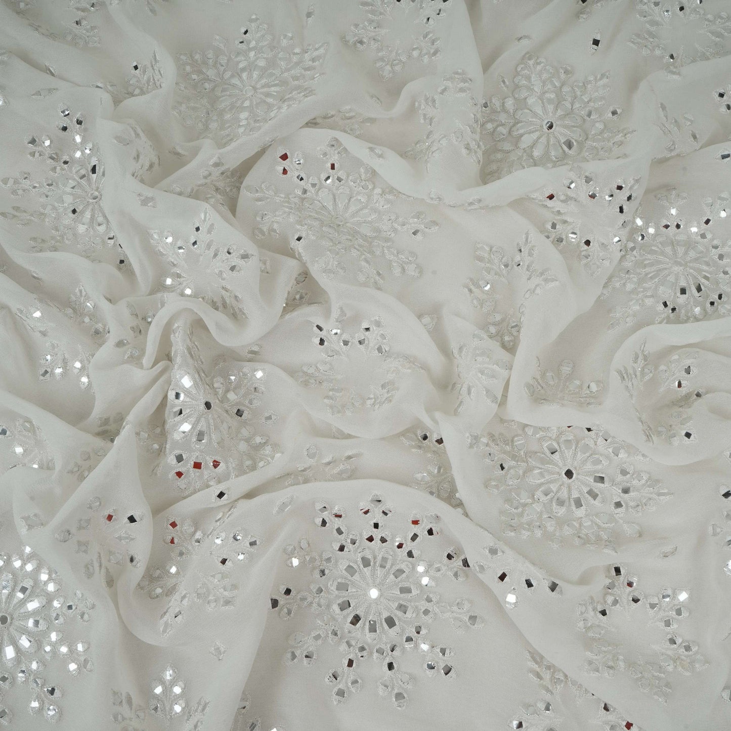 White Dyeable Mirror Thread Embroidery Georgette Fabric DR-32390