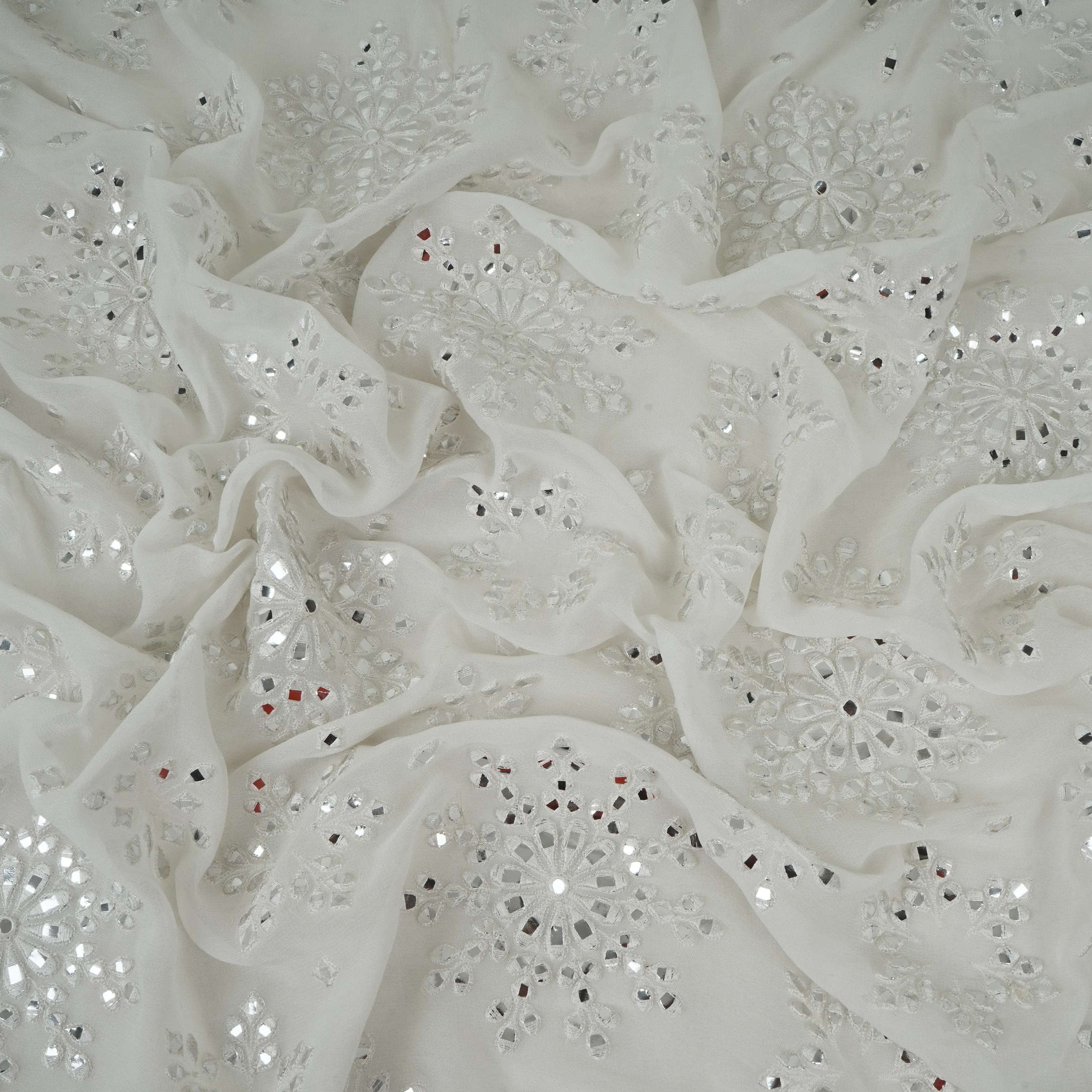 White Dyeable Mirror Thread Embroidery Georgette Fabric DR-32390 - TradeUNO
