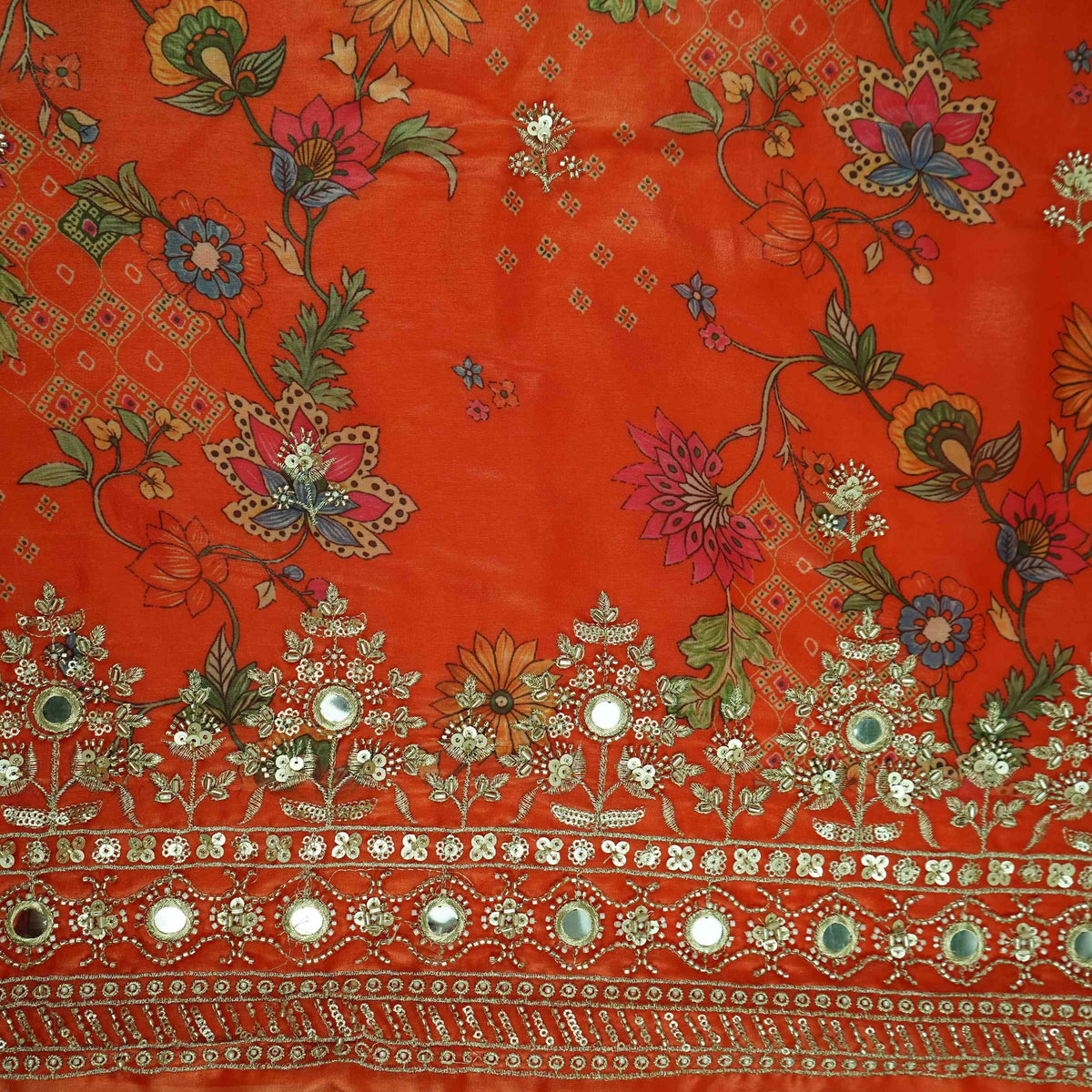 Orange Mirror Embroidery Organza Fabric VVF-35367