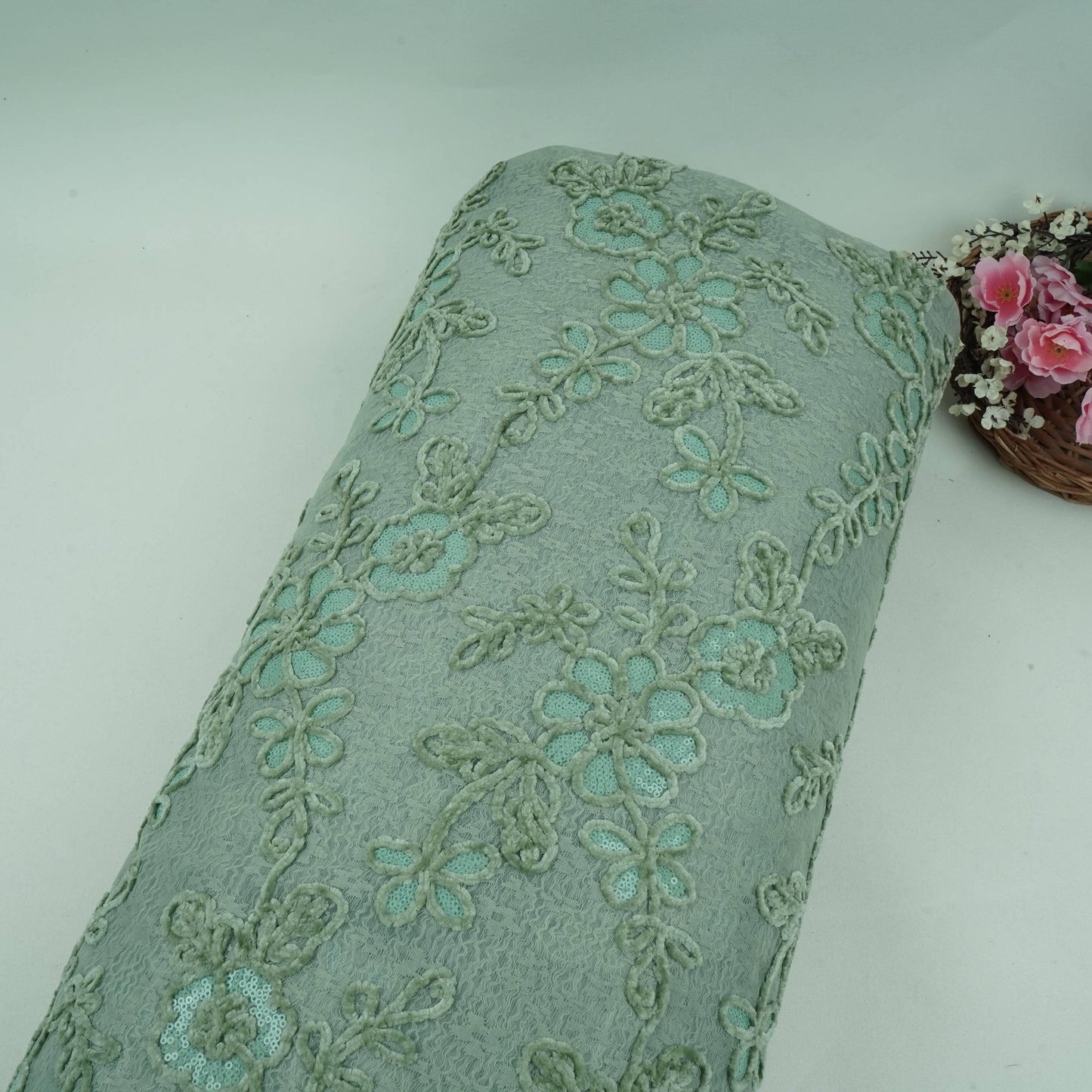 Green Velvet Work Floral Embroidery Lace Fabric LI-32212