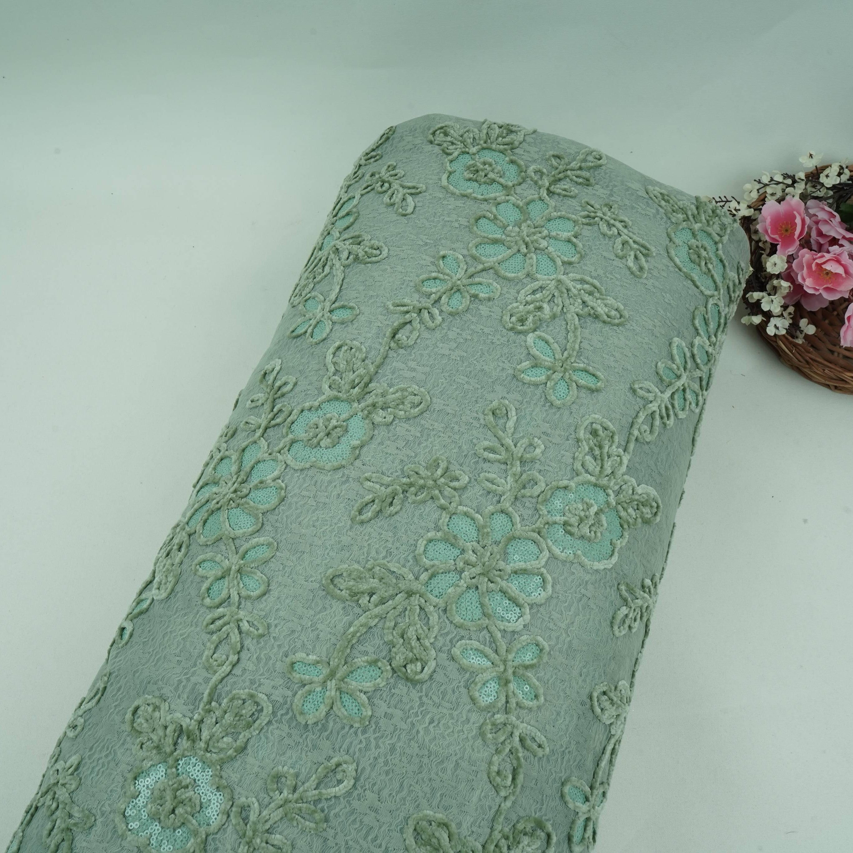 Green Velvet Work Floral Embroidery Lace Fabric LI-32212 - TradeUNO