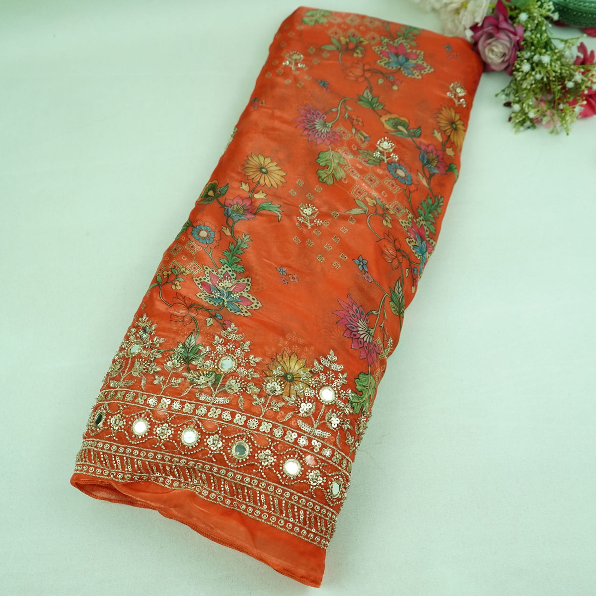 Orange Mirror Embroidery Organza Fabric VVF-35367