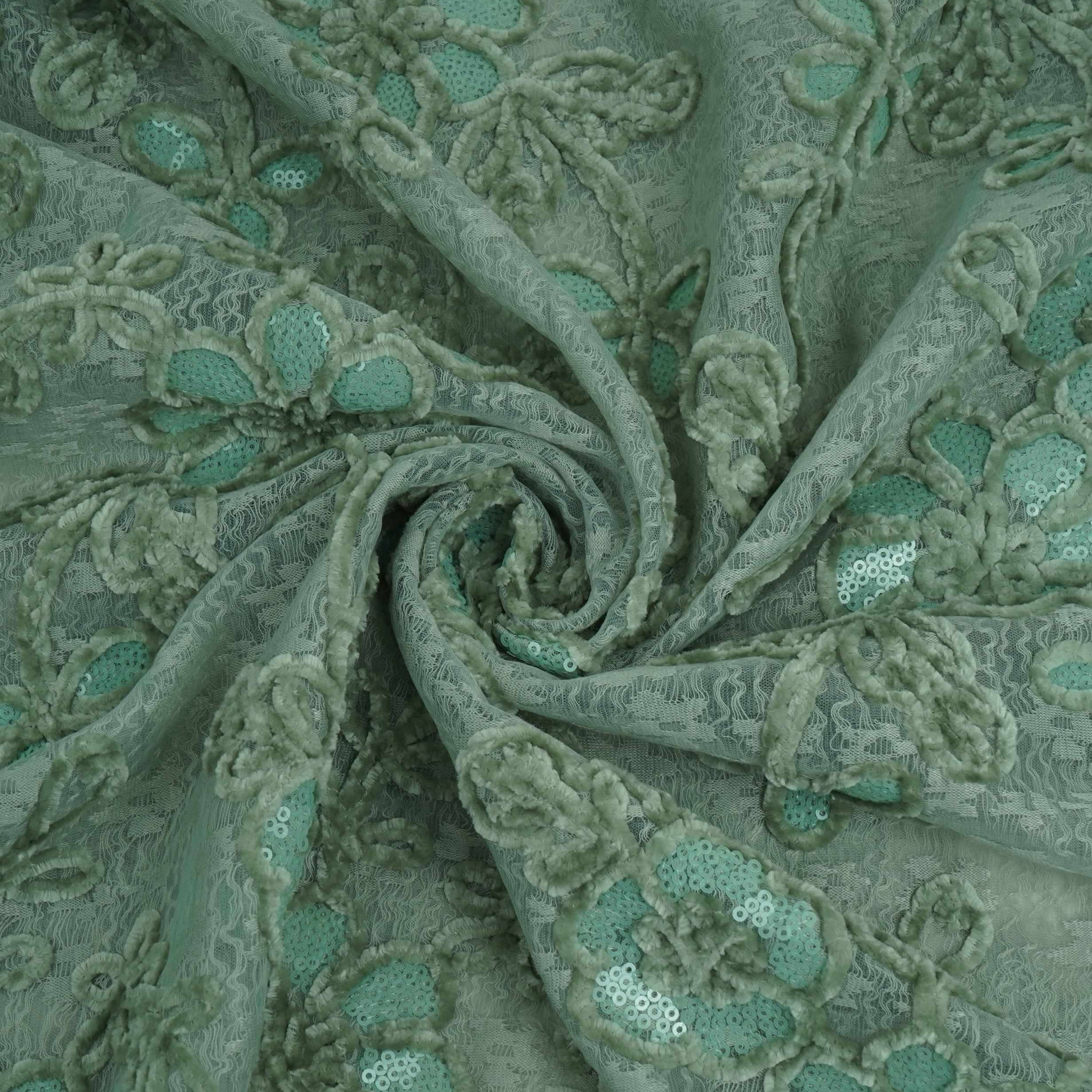 Green Velvet Work Floral Embroidery Lace Fabric LI-32212 - TradeUNO