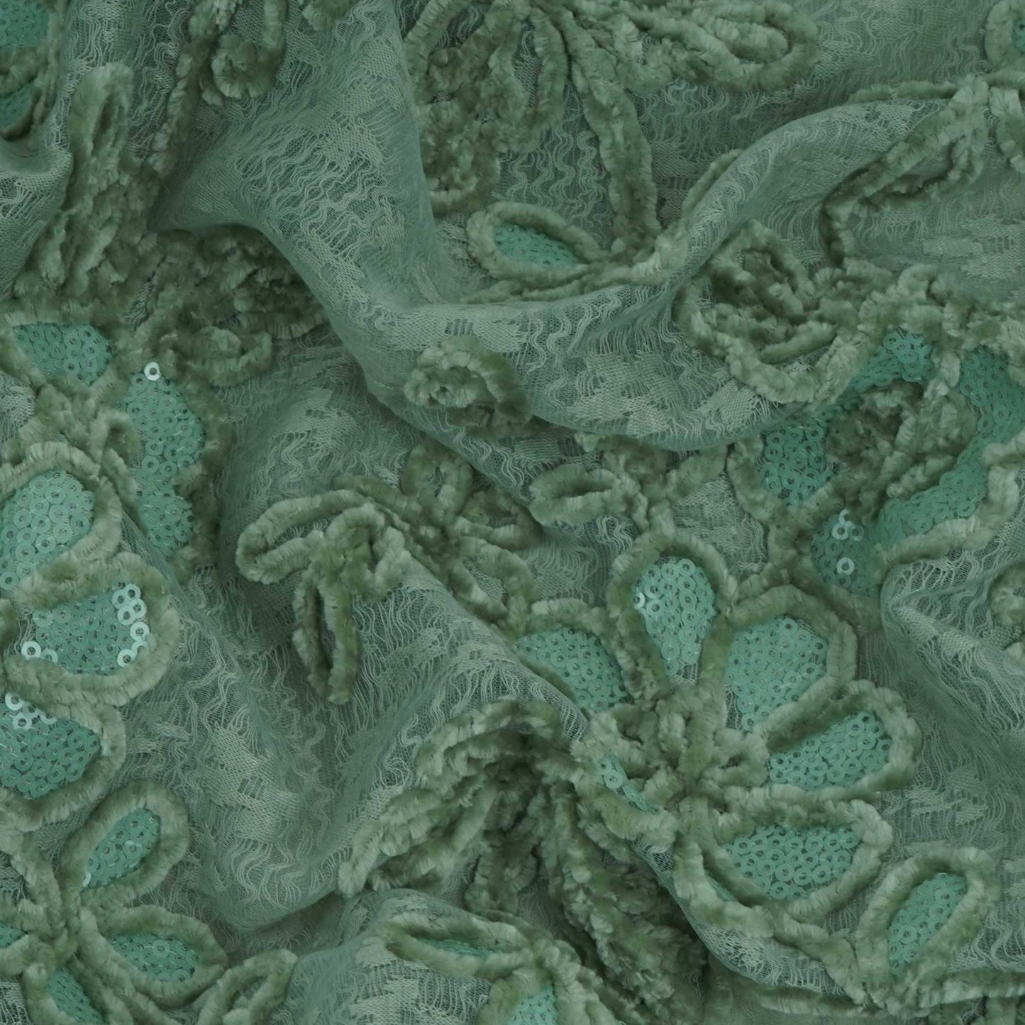 Green Velvet Work Floral Embroidery Lace Fabric LI-32212