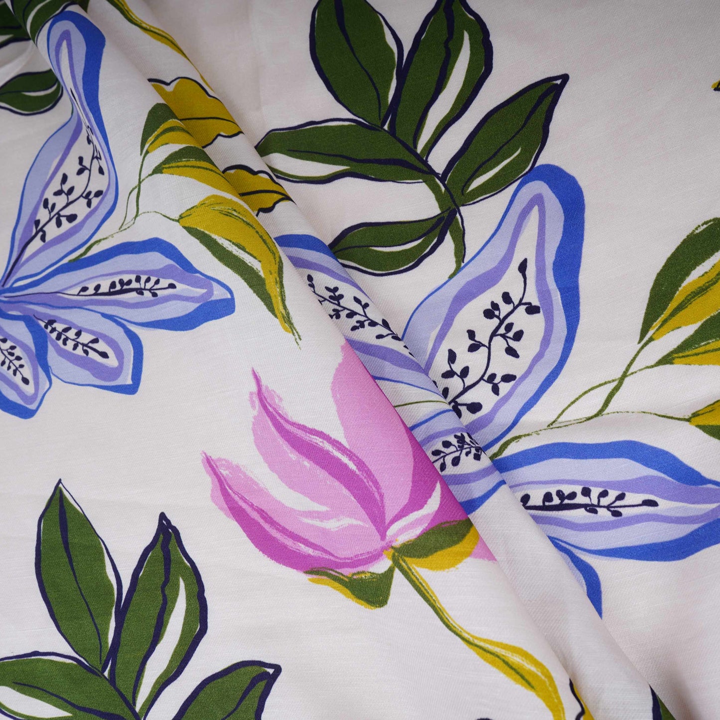 Cream Floral Print Satin Linen Fabric MT-30981
