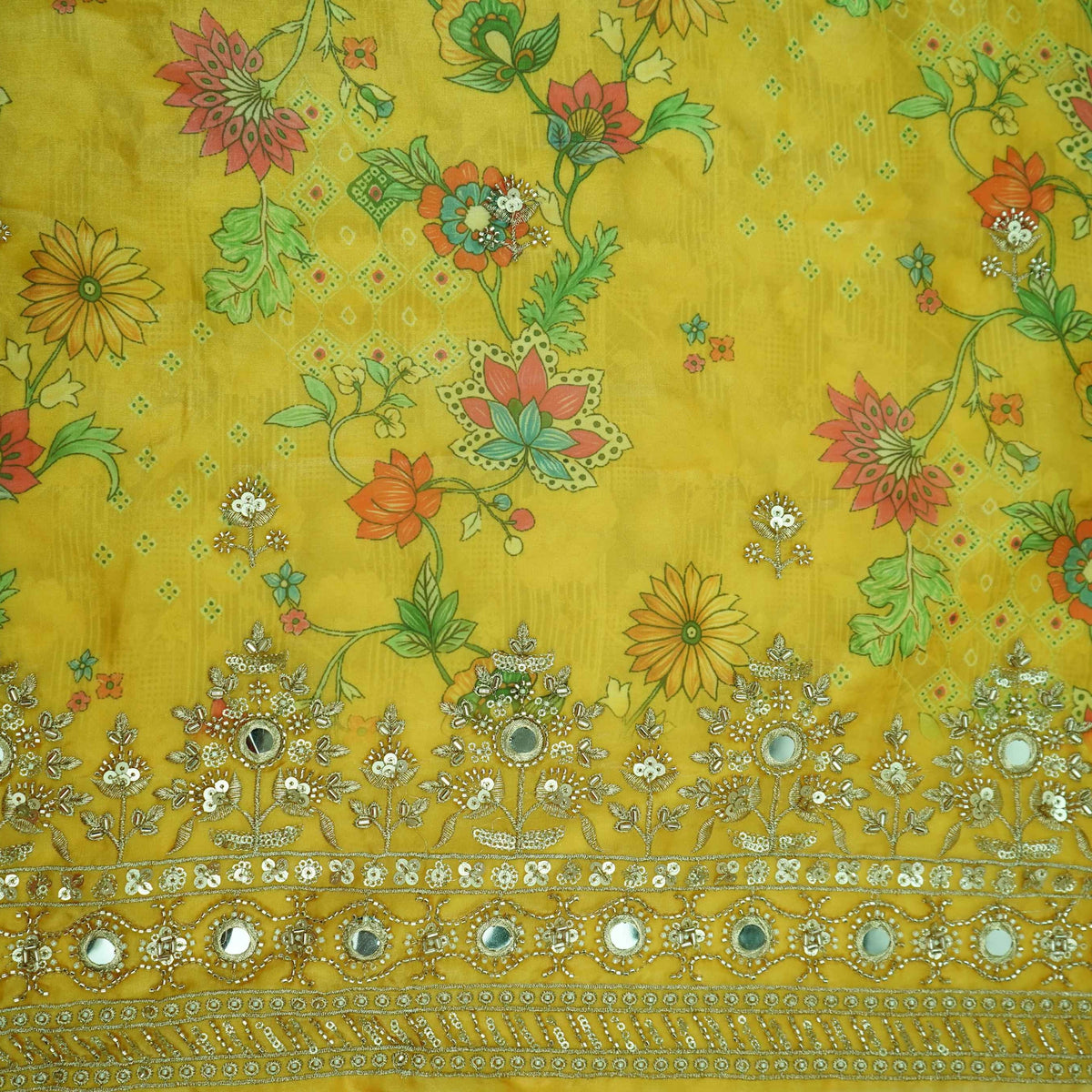 Mustard Mirror Embroidery Organza Fabric VVF-35366