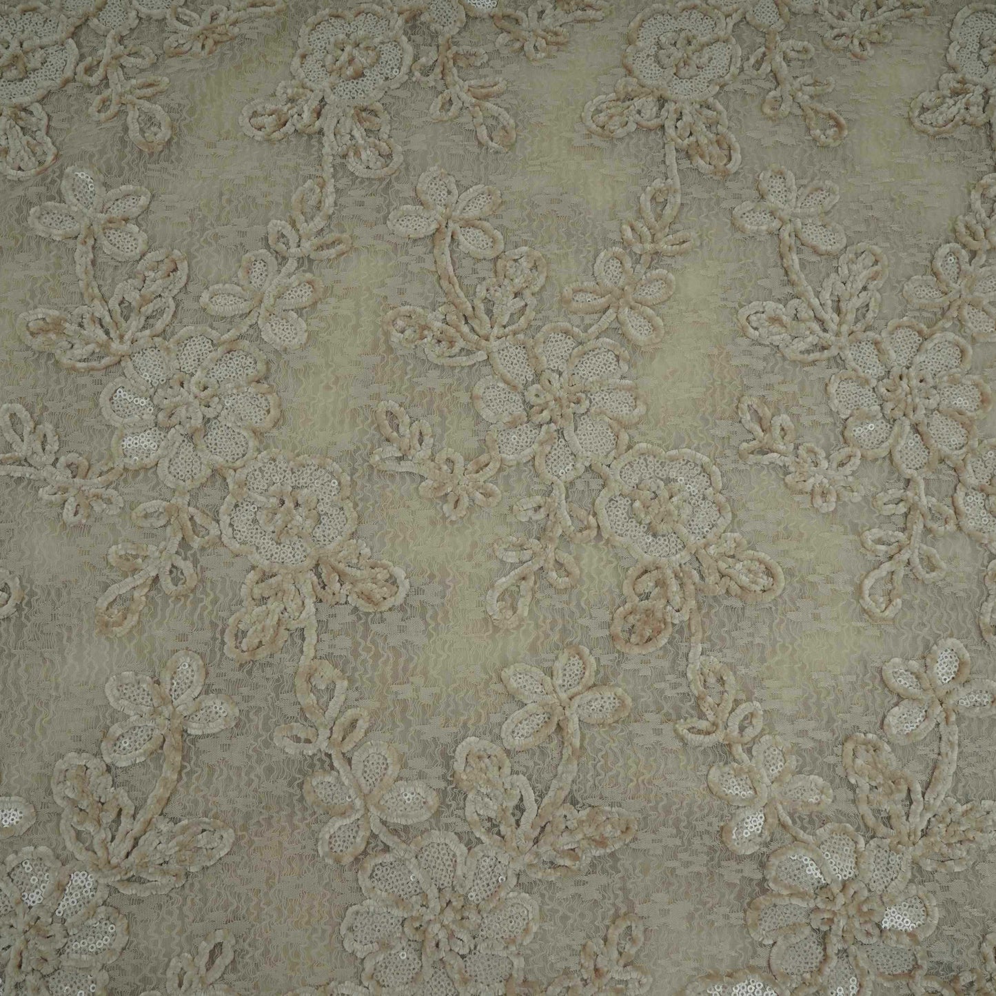 Beige Velvet Work Floral Embroidery Lace Fabric LI-32209