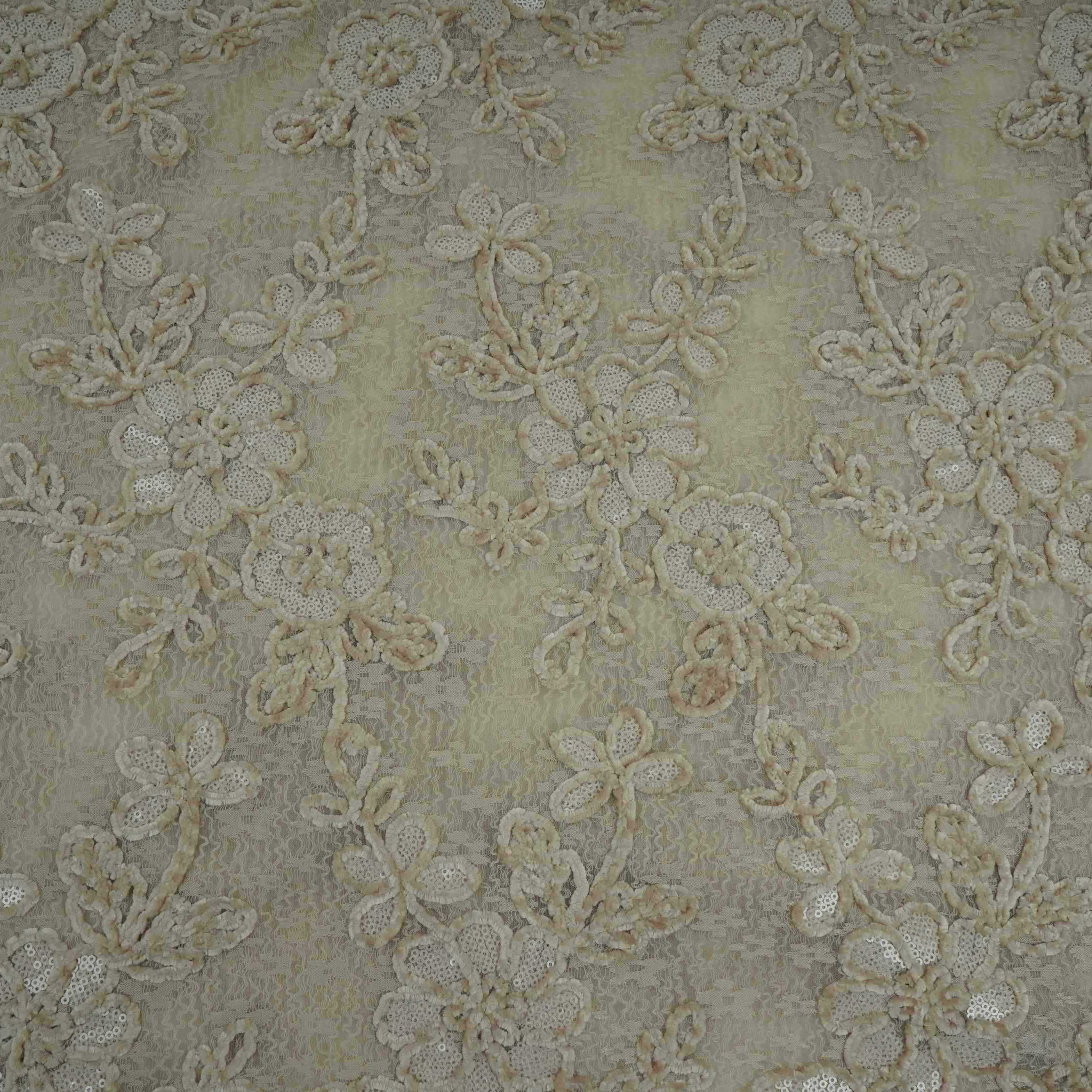 Beige Velvet Work Floral Embroidery Lace Fabric LI-32209 - TradeUNO
