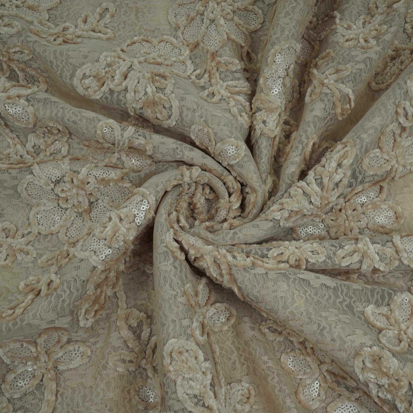 Beige Velvet Work Floral Embroidery Lace Fabric LI-32209