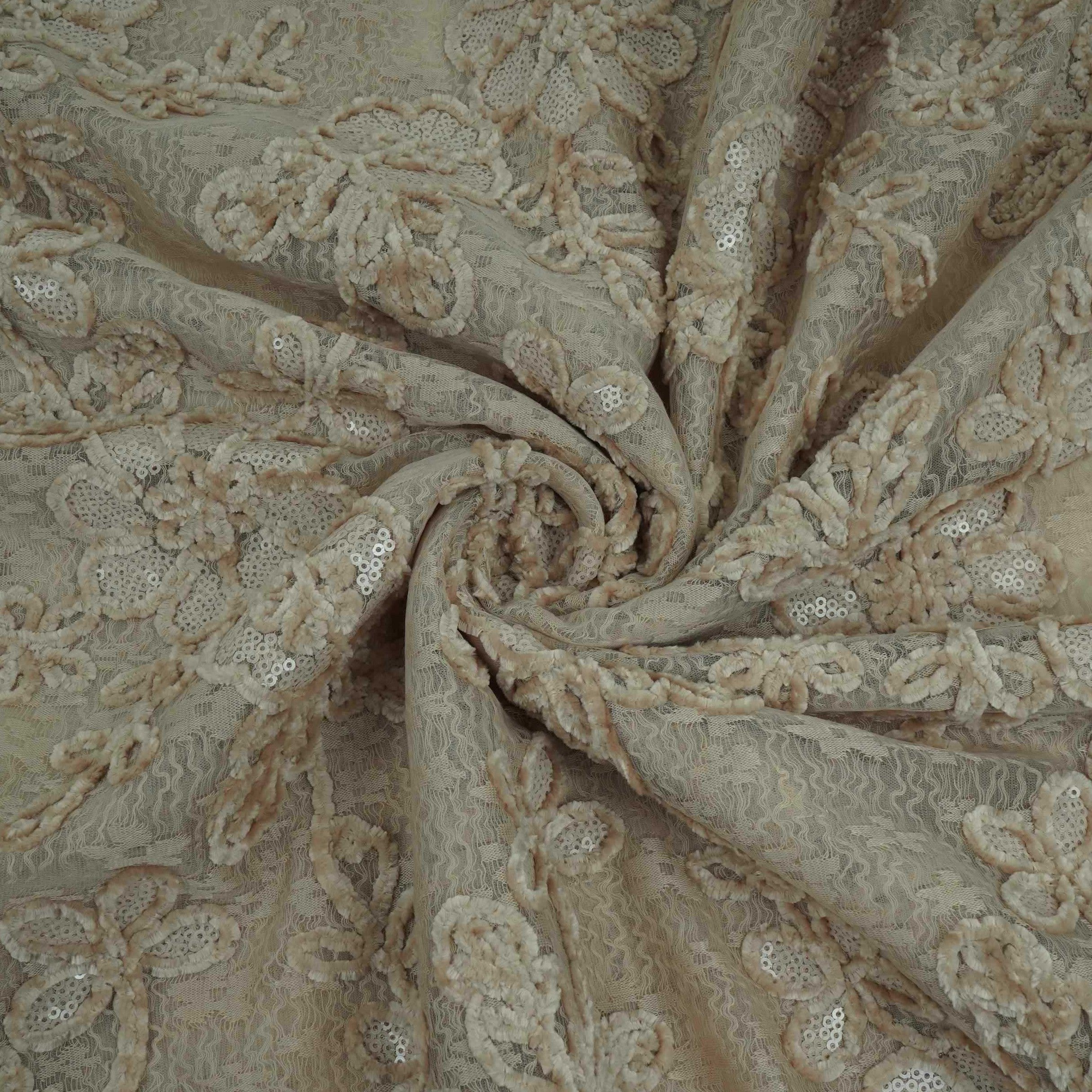 Beige Velvet Work Floral Embroidery Lace Fabric LI-32209 - TradeUNO