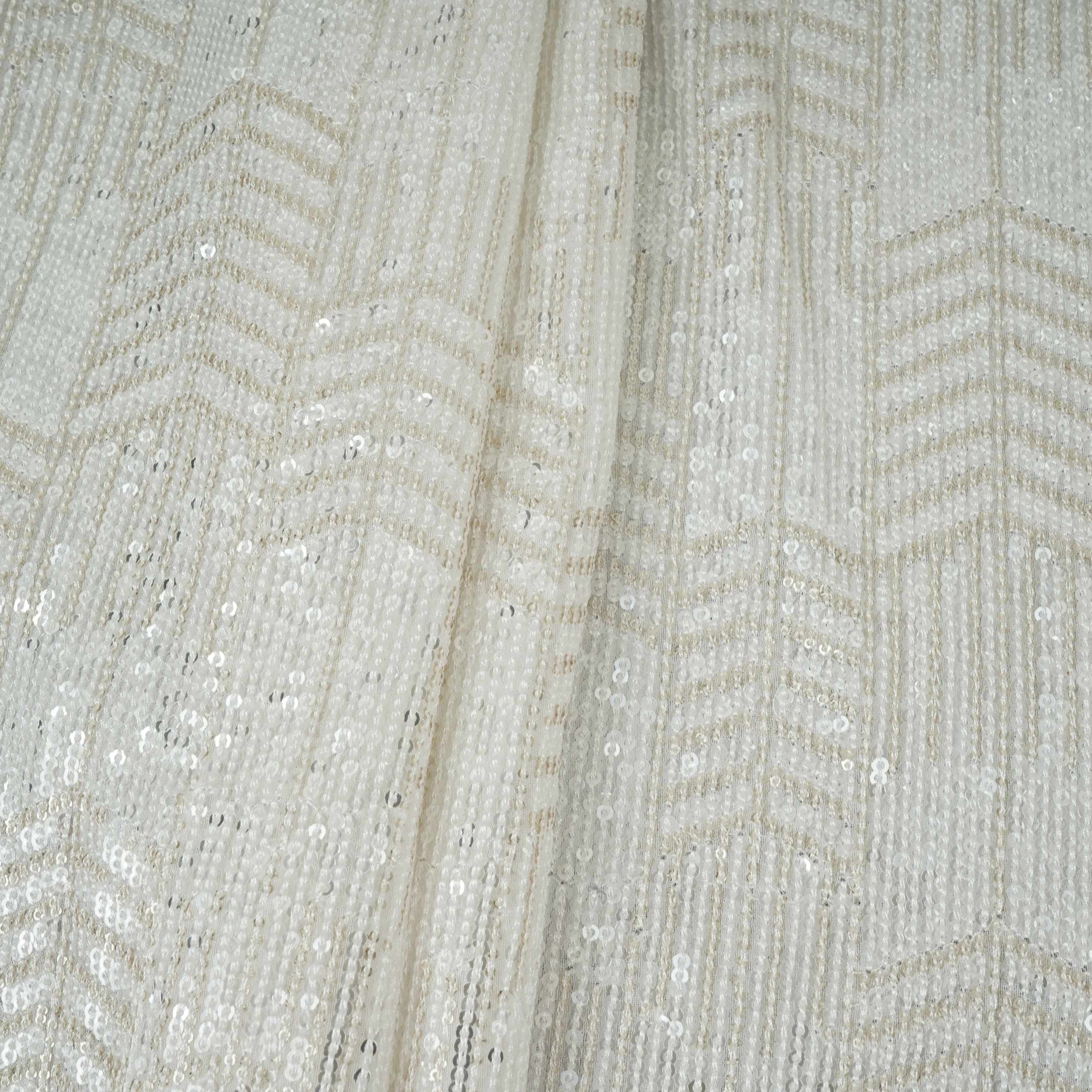 White Dyeable Chevron Sequins Embroidery Georgette Fabric DR-32401 - TradeUNO