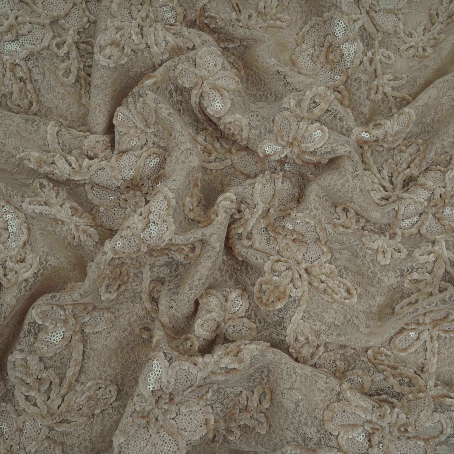 Beige Velvet Work Floral Embroidery Lace Fabric LI-32209