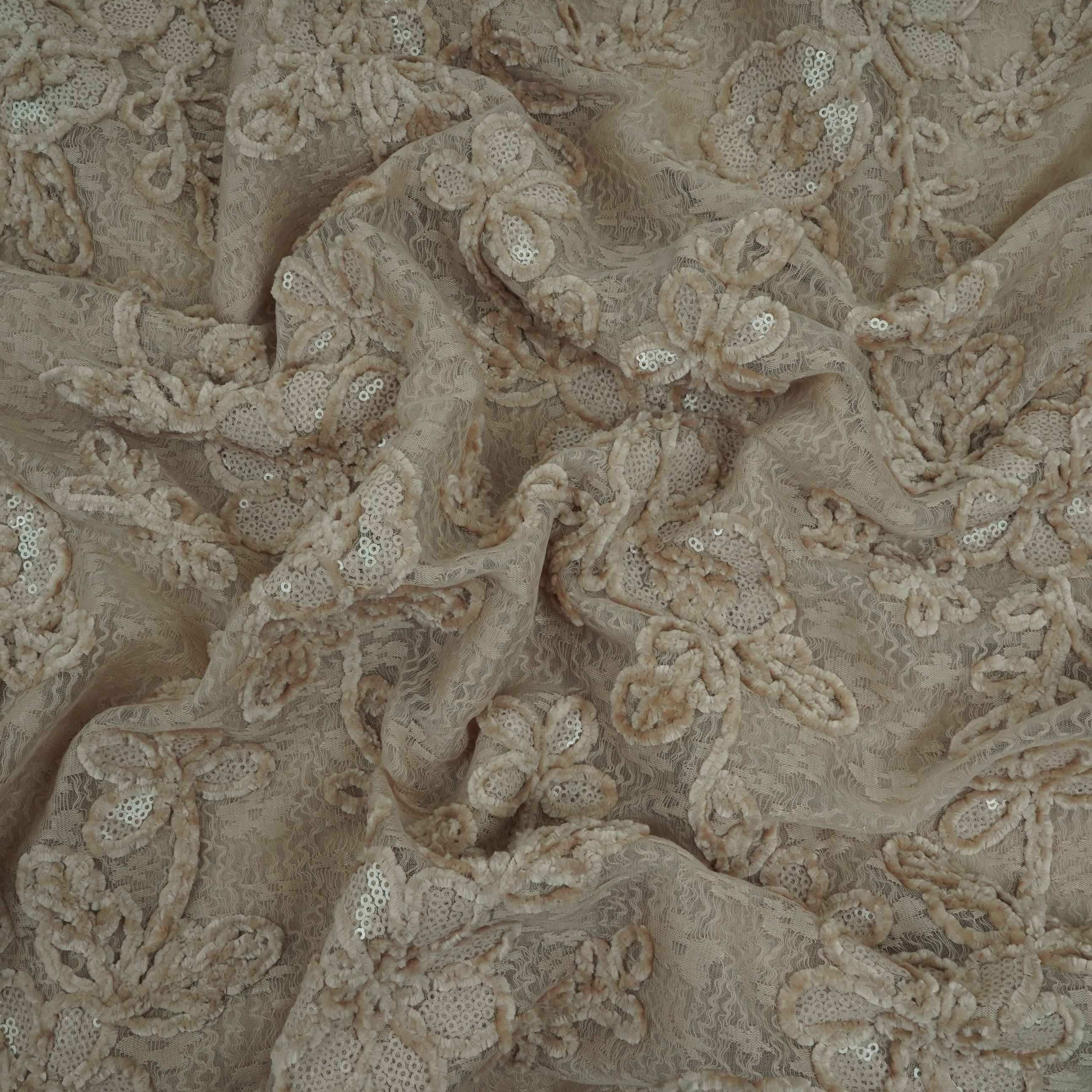 Beige Velvet Work Floral Embroidery Lace Fabric LI-32209 - TradeUNO