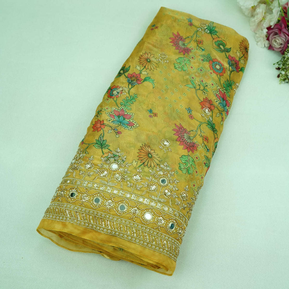 Mustard Mirror Embroidery Organza Fabric VVF-35366