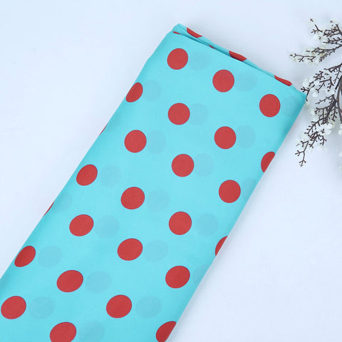 Sky Blue & Red Polka Dot Twill Satin Fabric VP-32436