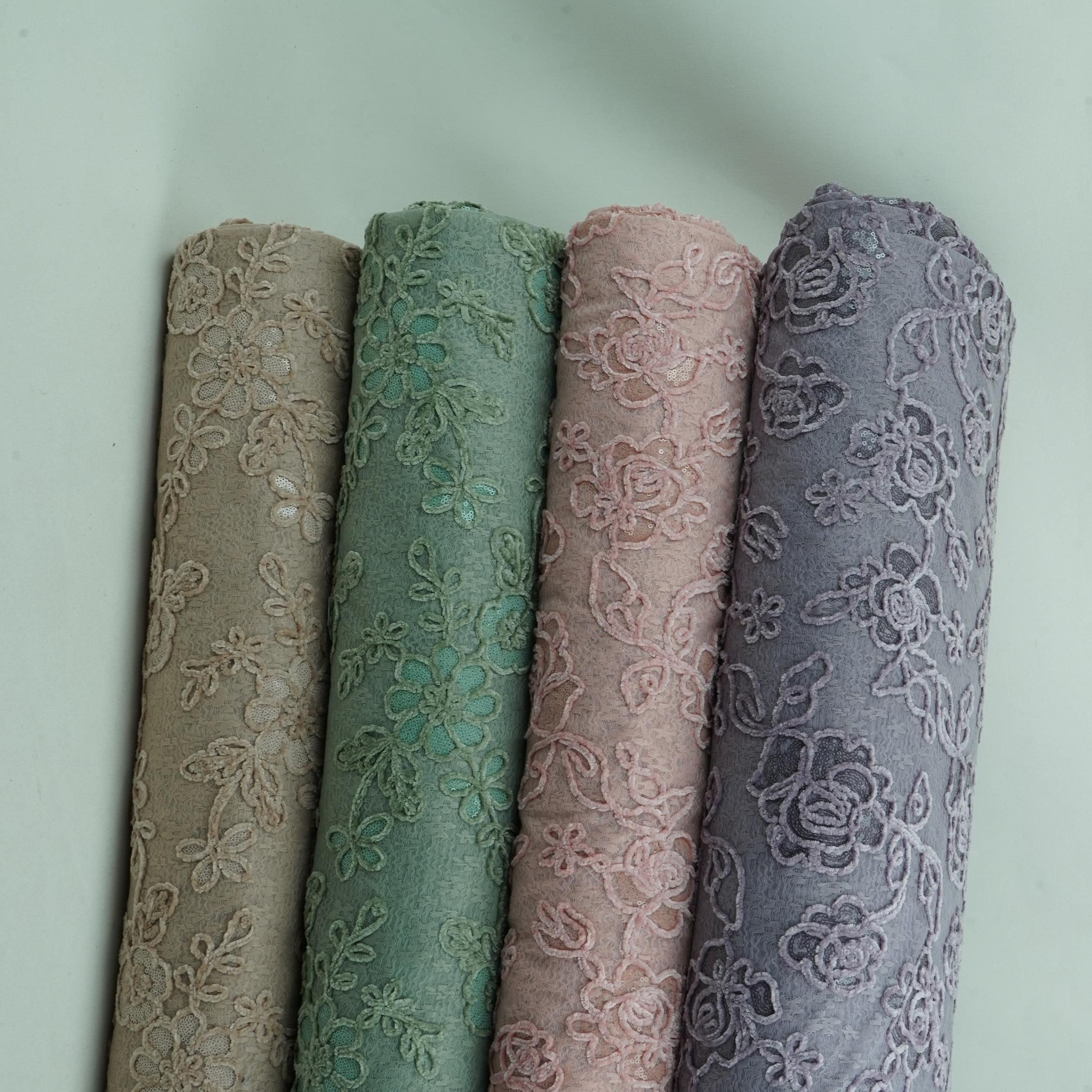 Beige Velvet Work Floral Embroidery Lace Fabric LI-32209 - TradeUNO