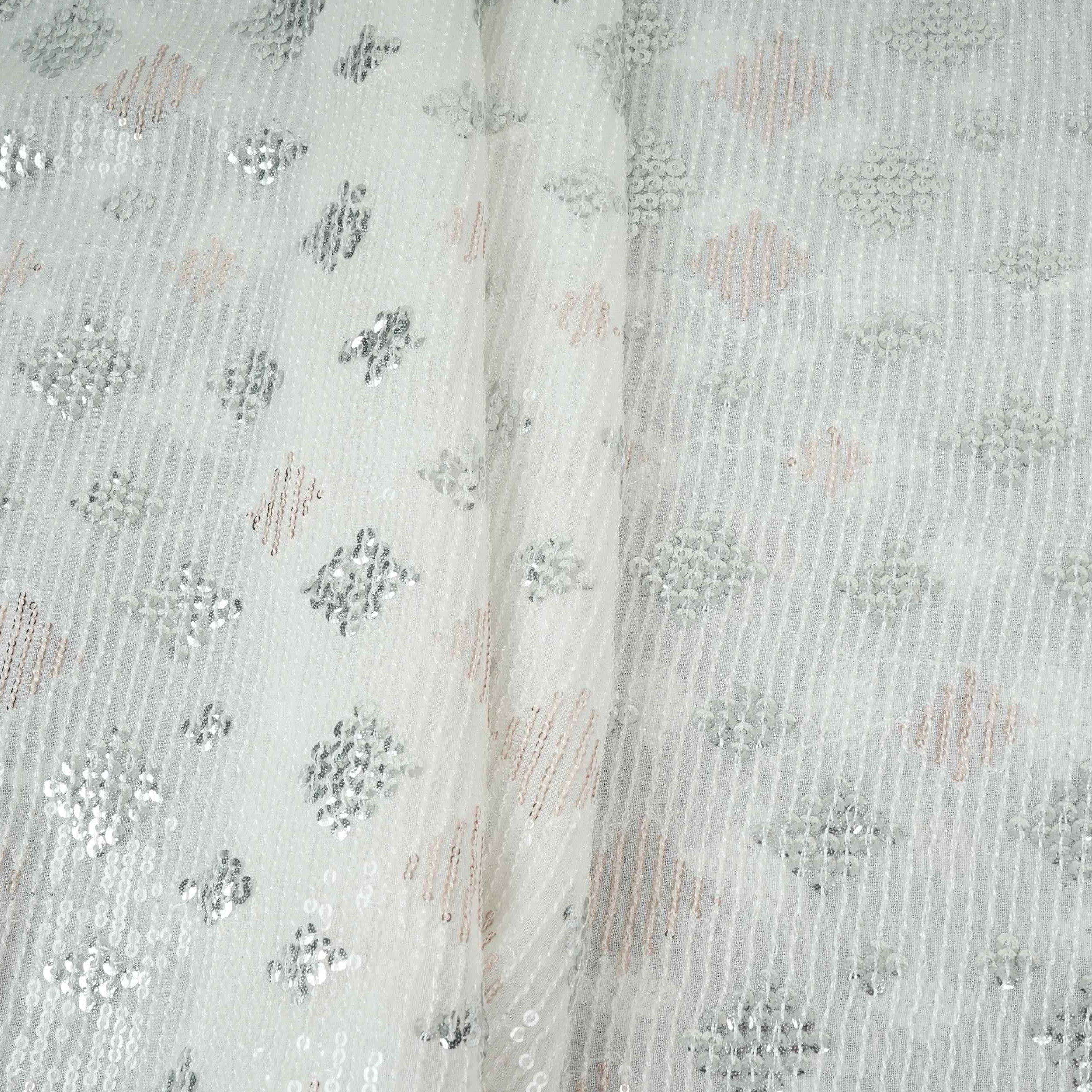White Dyeable Geometrical Sequins Embroidery Georgette Fabric DR-32403 - TradeUNO