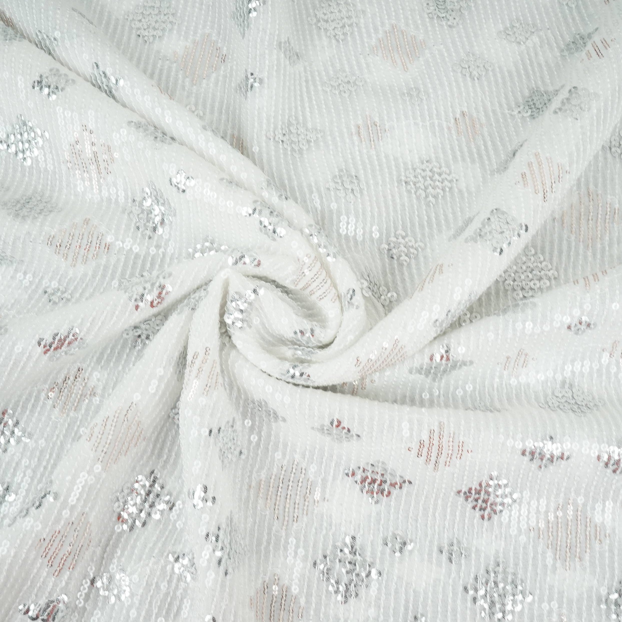 White Dyeable Geometrical Sequins Embroidery Georgette Fabric DR-32403 - TradeUNO